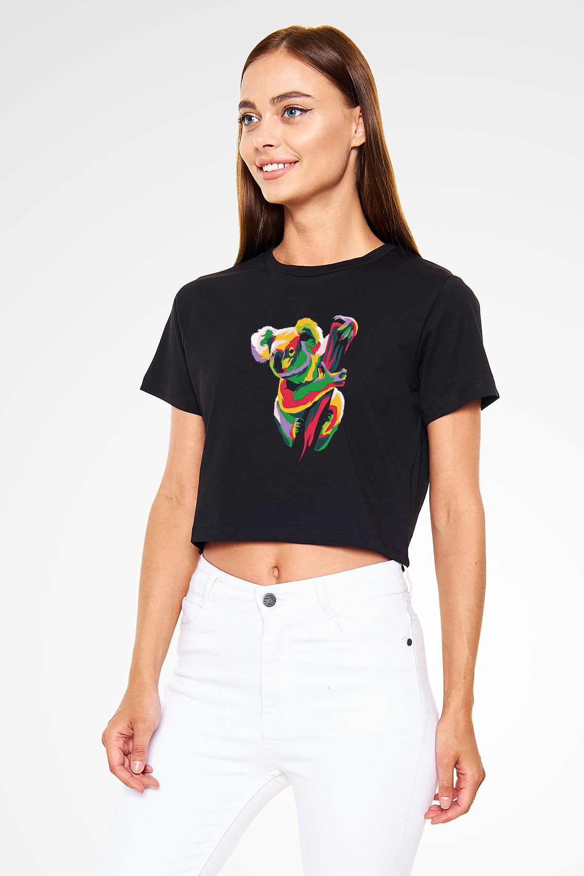 Koala Baskılı Siyah Crop Top Kadın Tişört - Tshirt