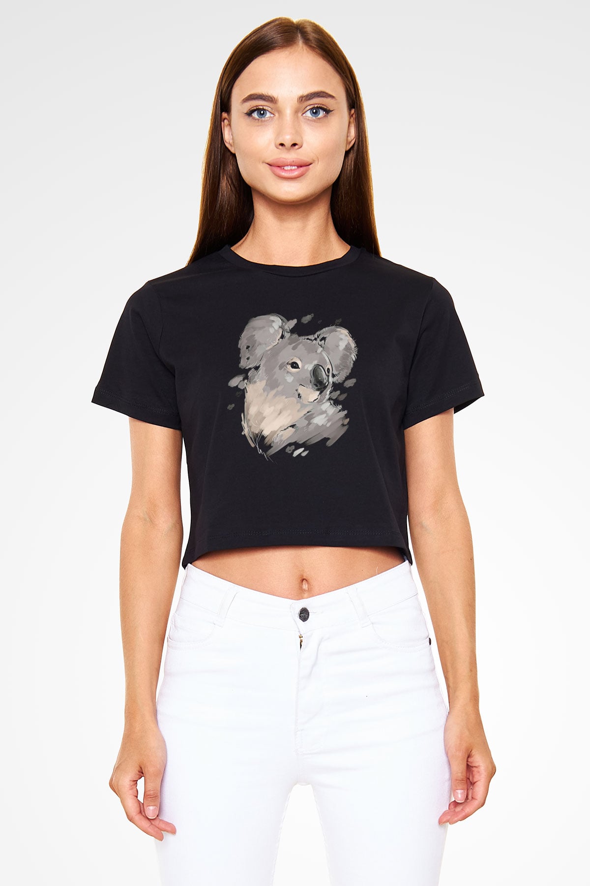 Koala Baskılı Siyah Crop Top Kadın Tişört - Tshirt