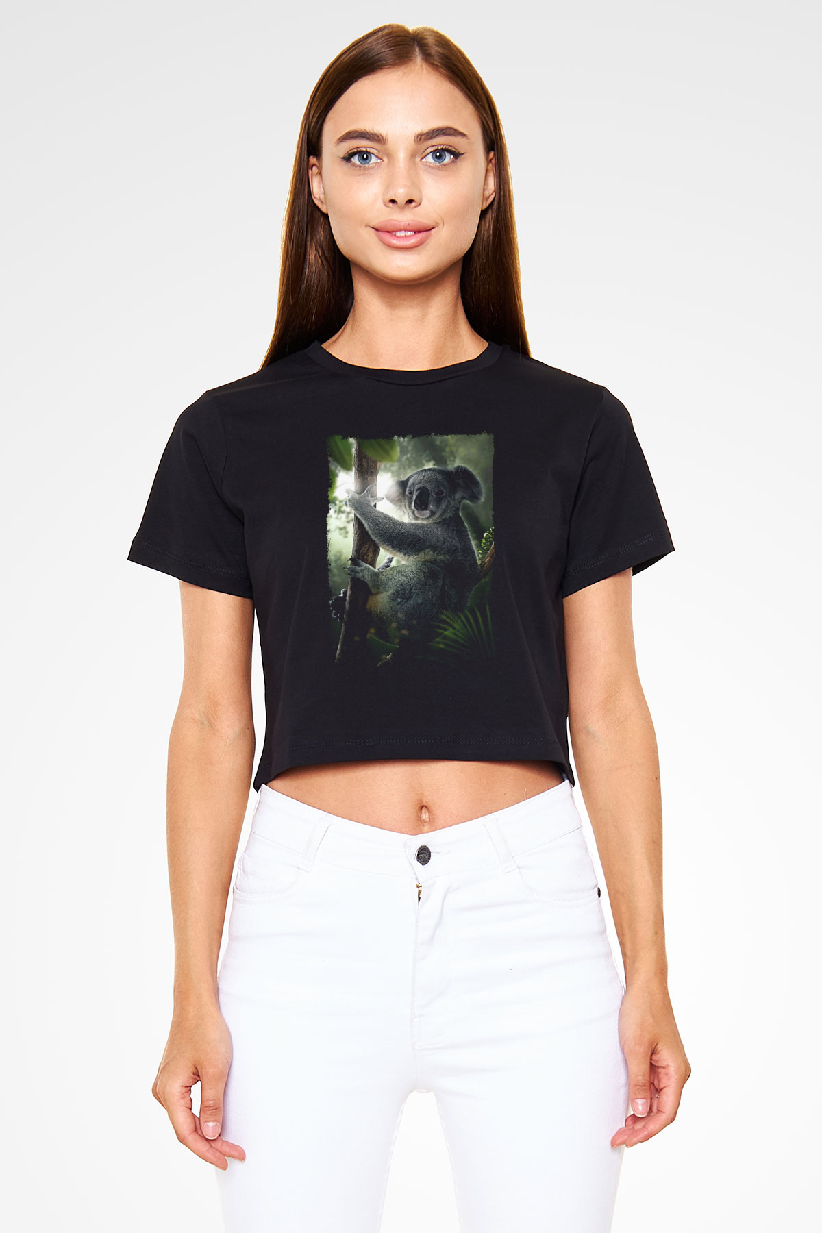 Koala Baskılı Siyah Crop Top Kadın Tişört - Tshirt