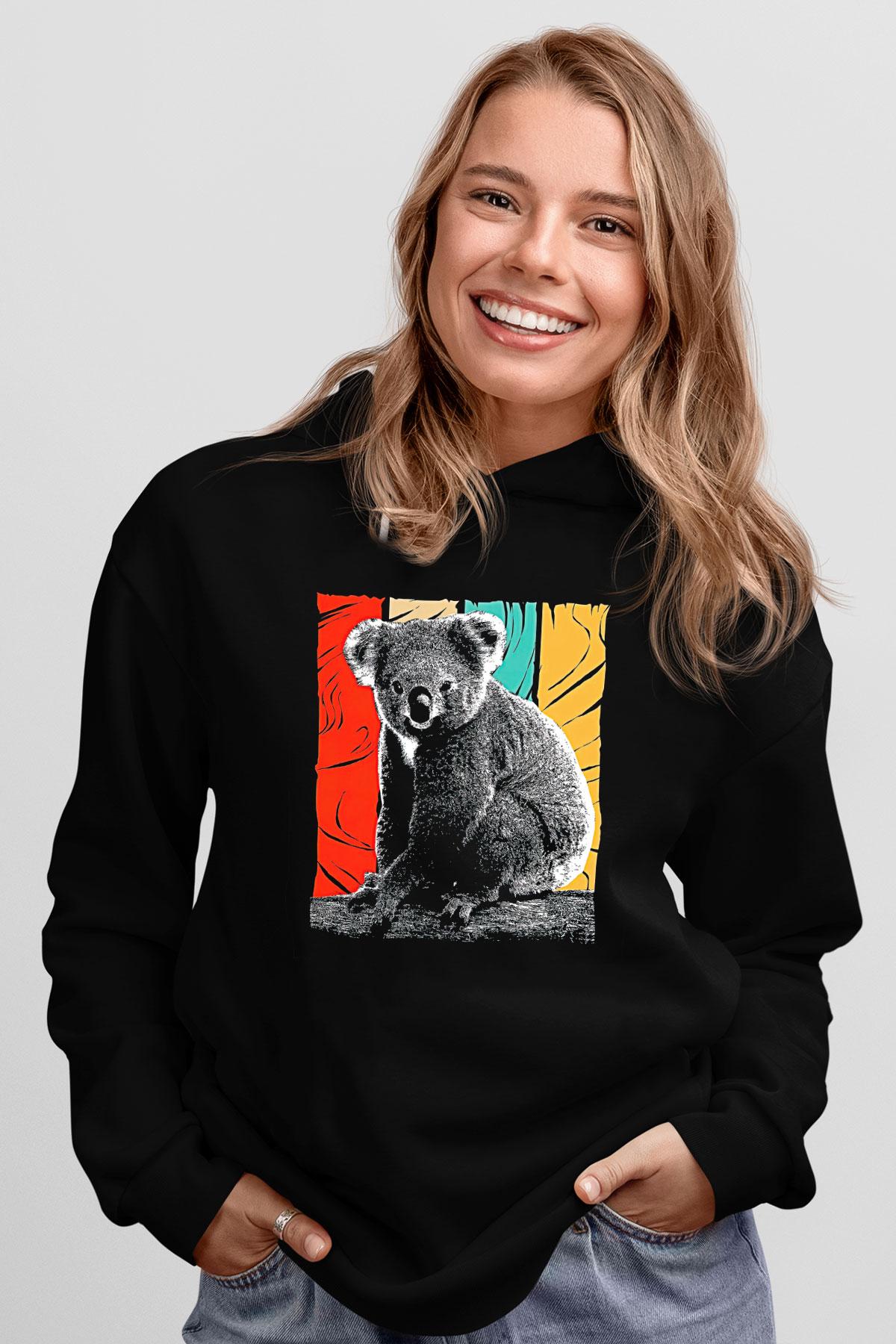Koala Baskılı Unisex Siyah Hoodie