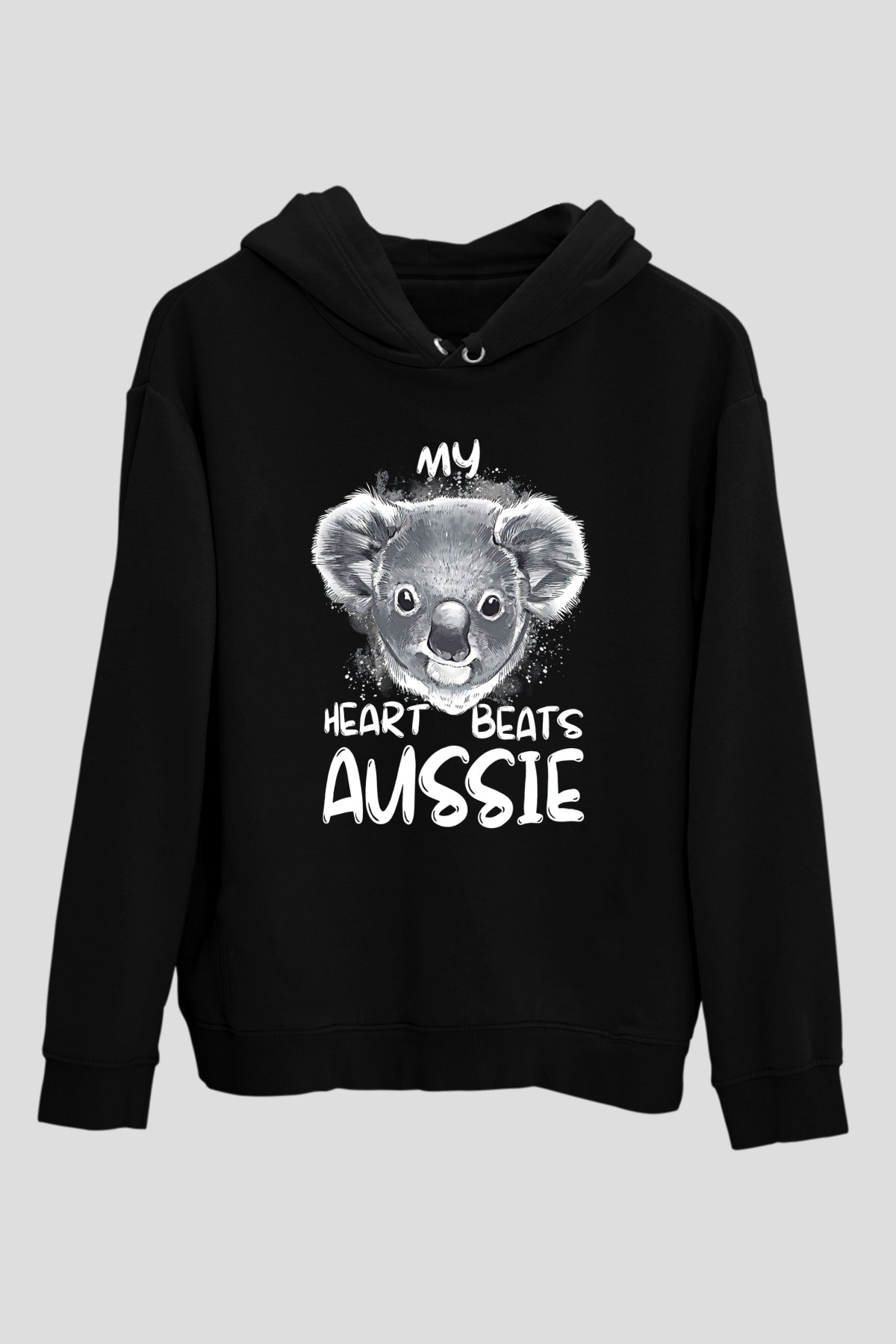 Koala Baskılı Unisex Siyah Hoodie