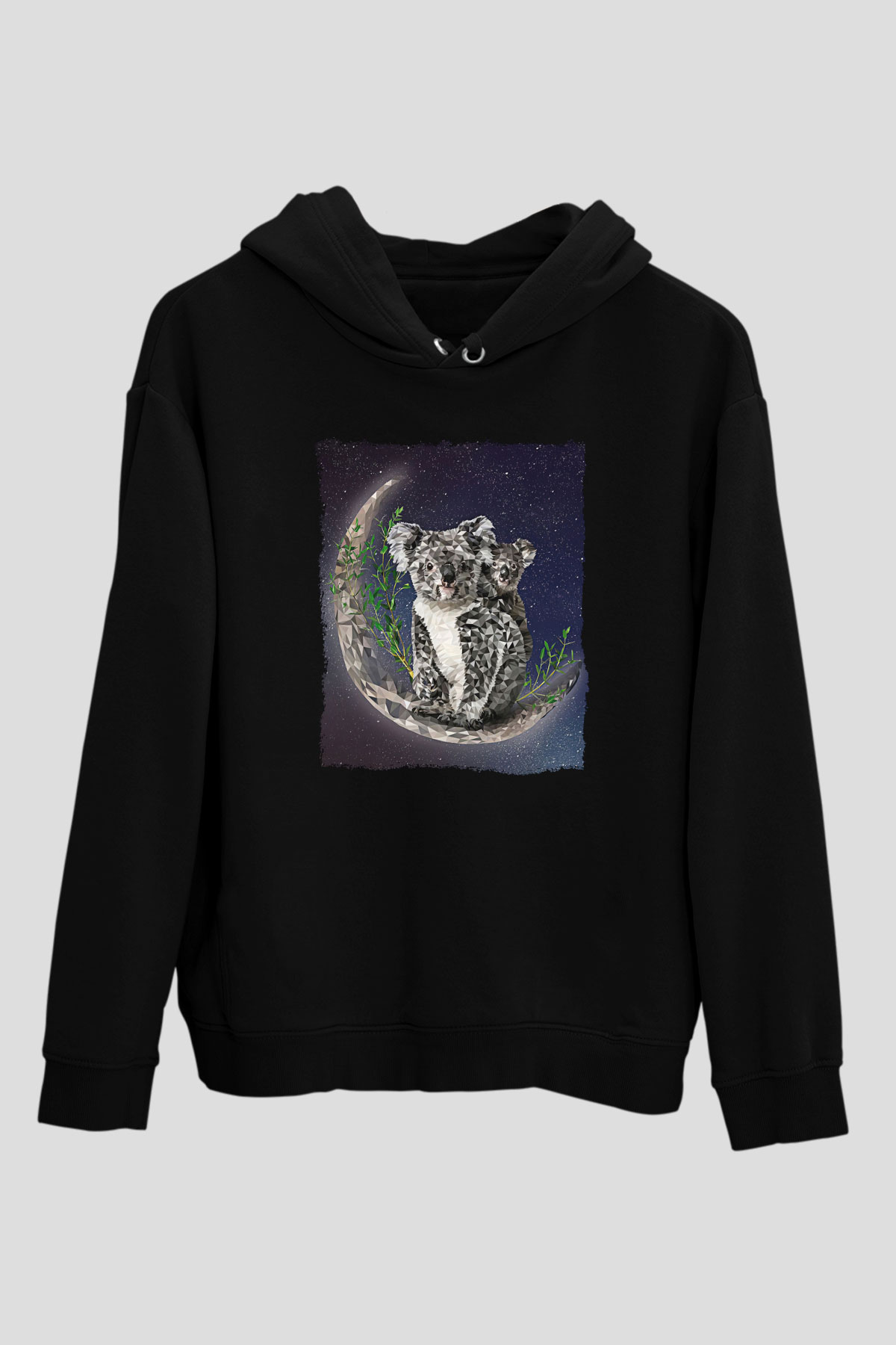 Koala Baskılı Unisex Siyah Hoodie