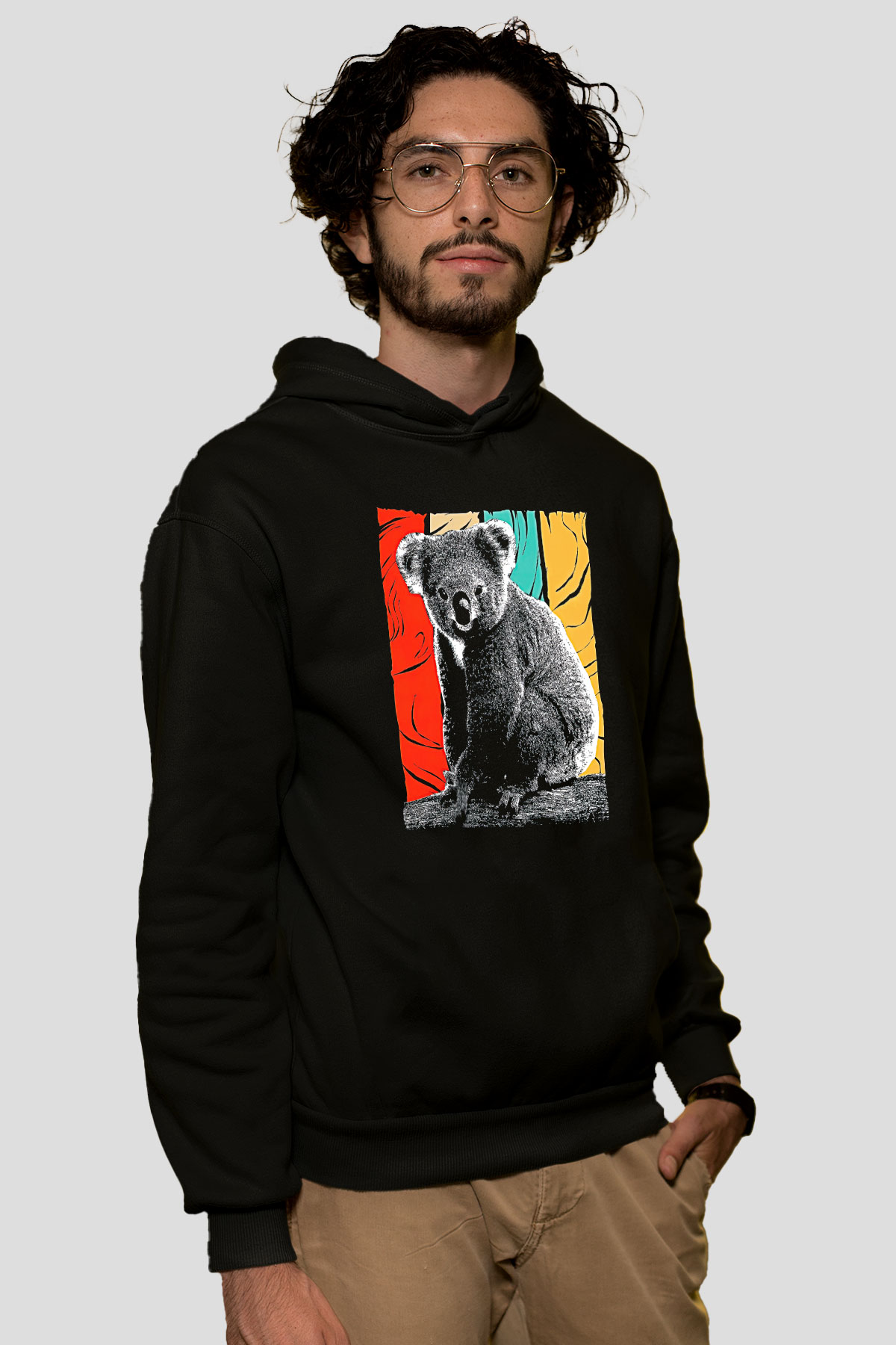 Koala Baskılı Unisex Siyah Hoodie