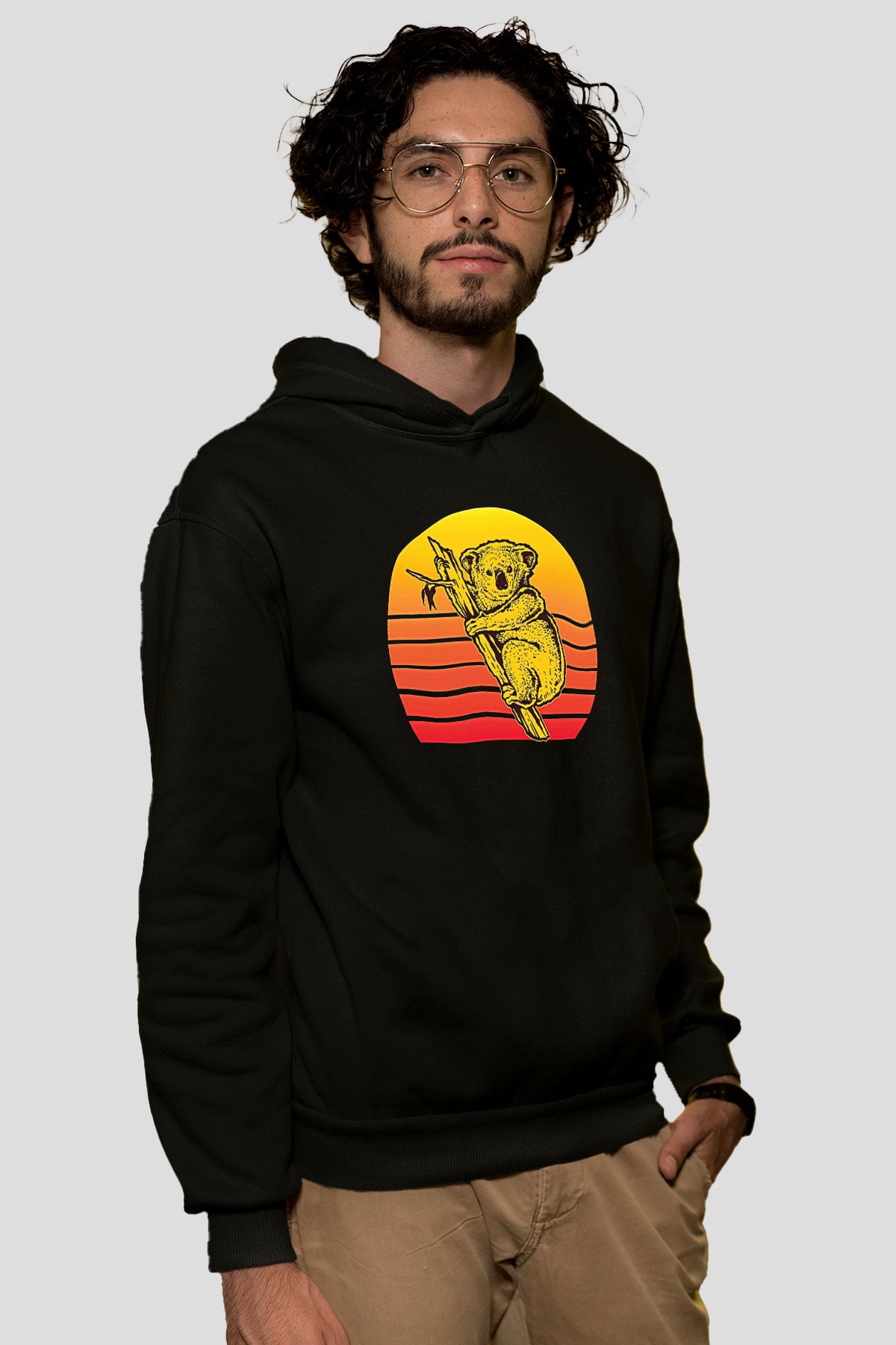 Koala Baskılı Unisex Siyah Hoodie