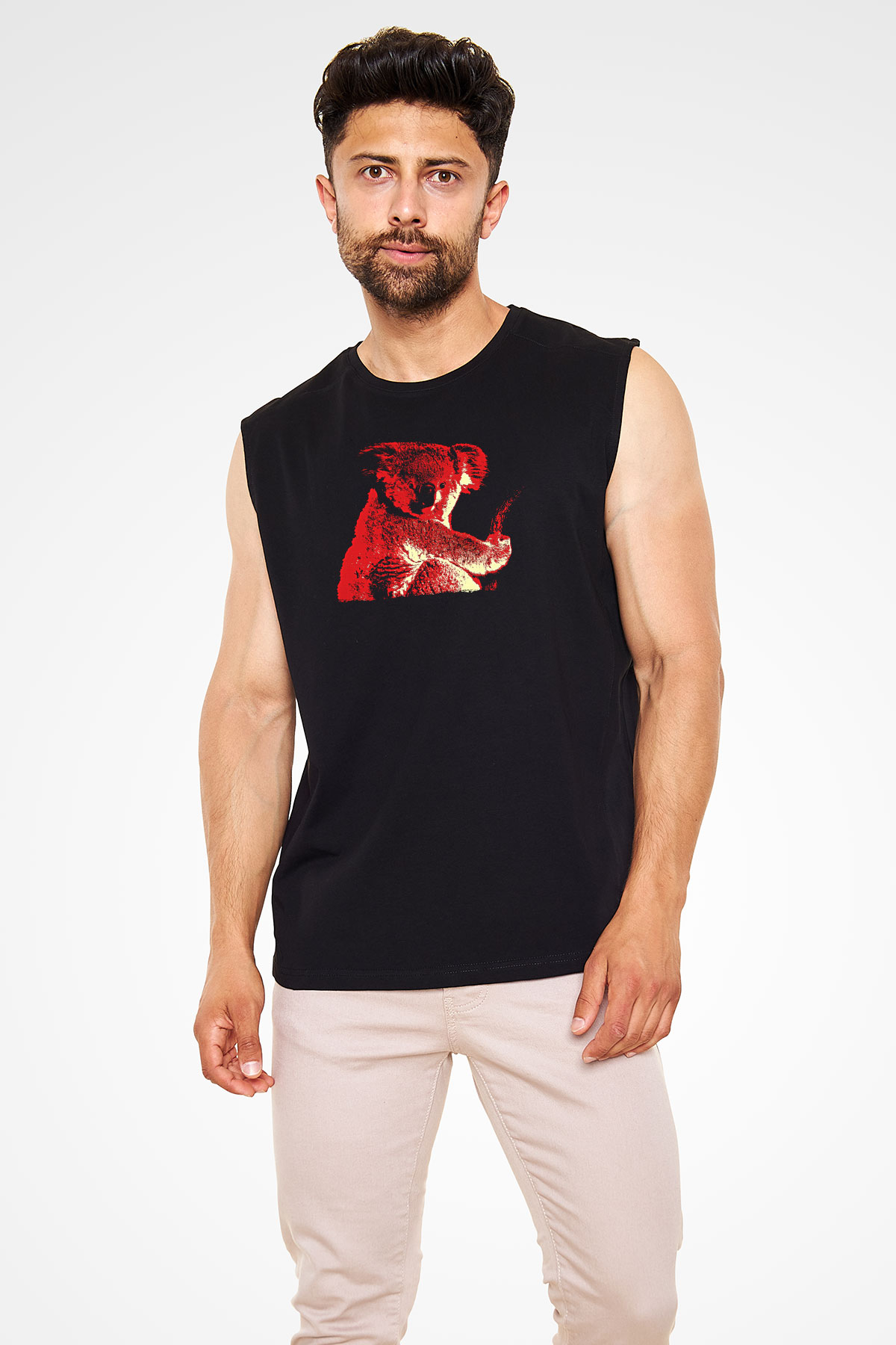 Koala Baskılı Unisex Siyah Kolsuz Tişört - Tshirt