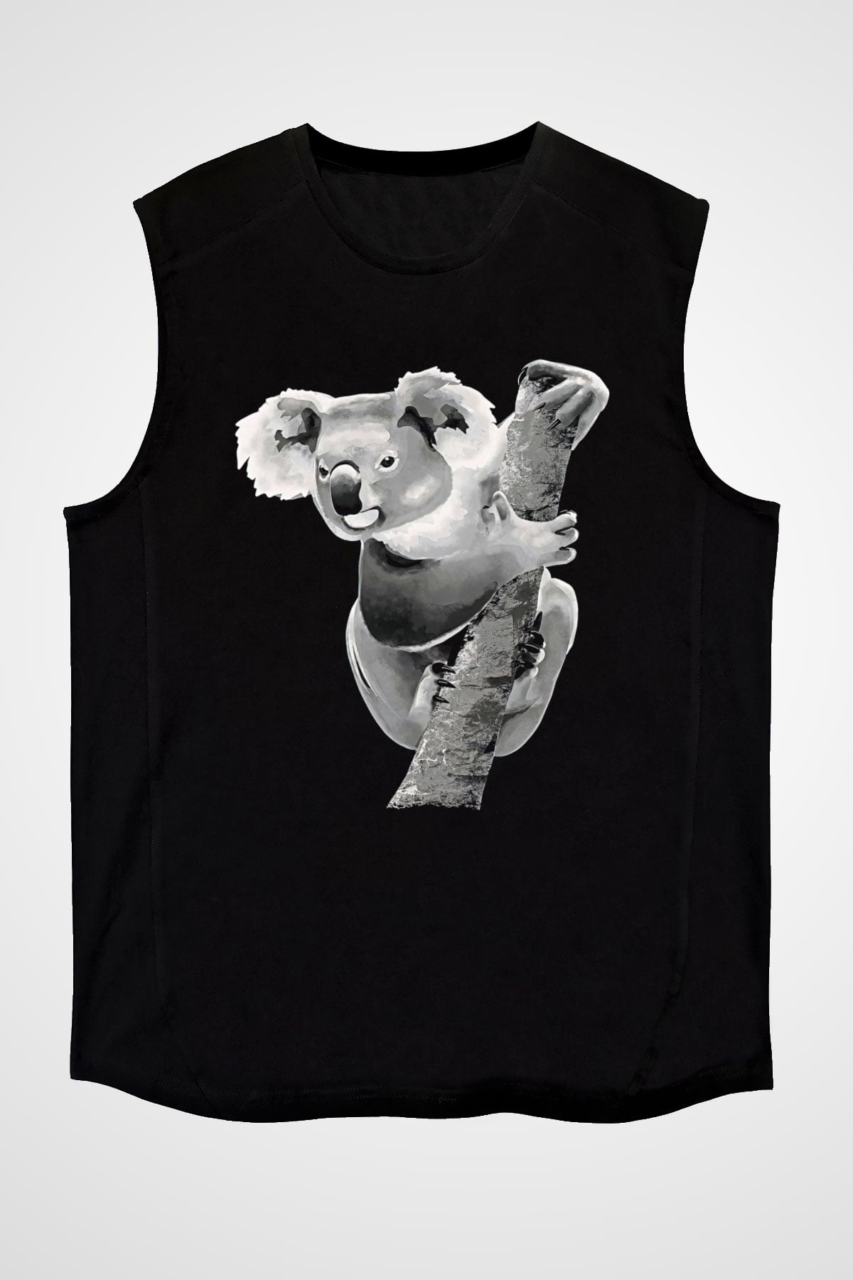 Koala Baskılı Unisex Siyah Kolsuz Tişört - Tshirt