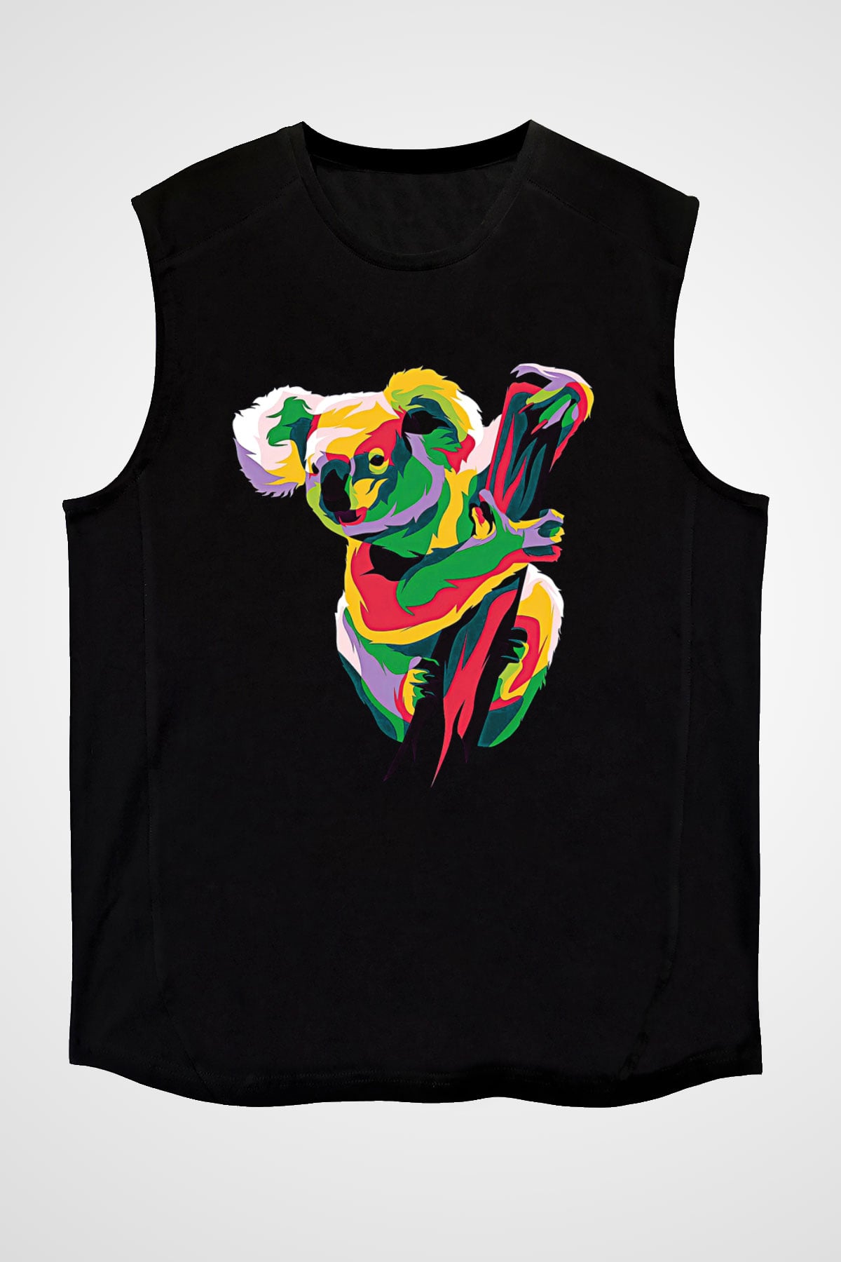 Koala Baskılı Unisex Siyah Kolsuz Tişört - Tshirt
