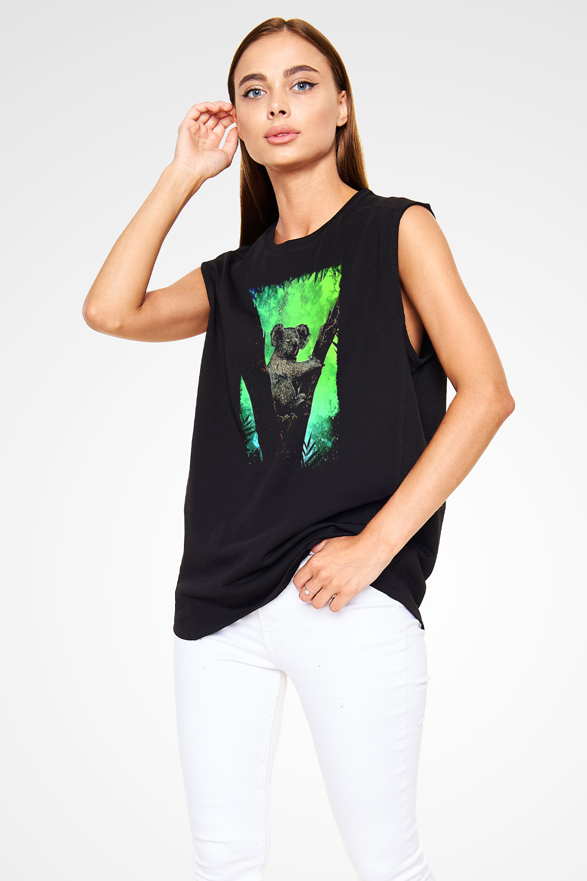 Koala Baskılı Unisex Siyah Kolsuz Tişört - Tshirt