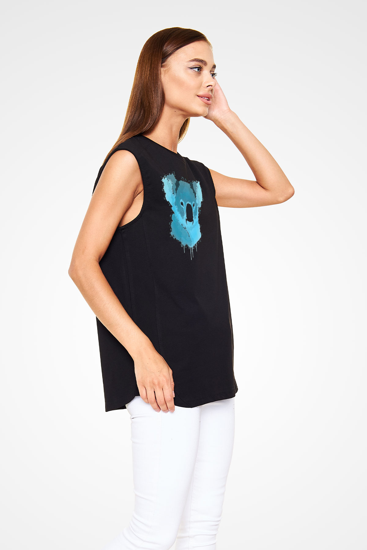 Koala Baskılı Unisex Siyah Kolsuz Tişört - Tshirt