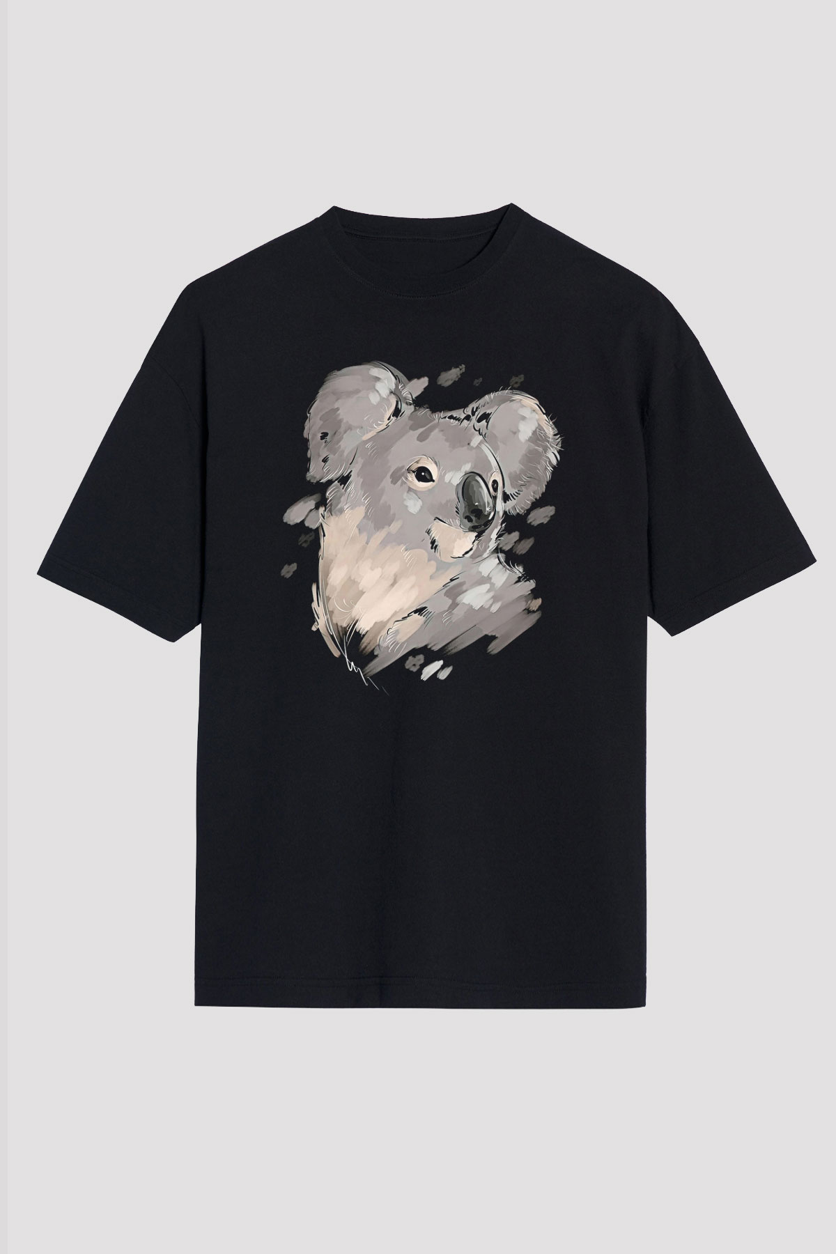 Koala Baskılı Unisex Siyah Oversize Tişört - Tshirt