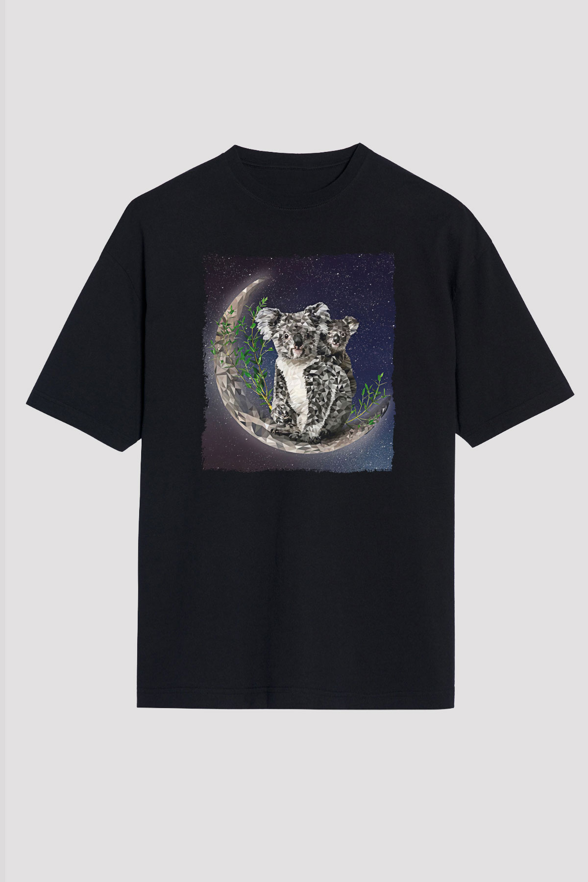 Koala Baskılı Unisex Siyah Oversize Tişört - Tshirt