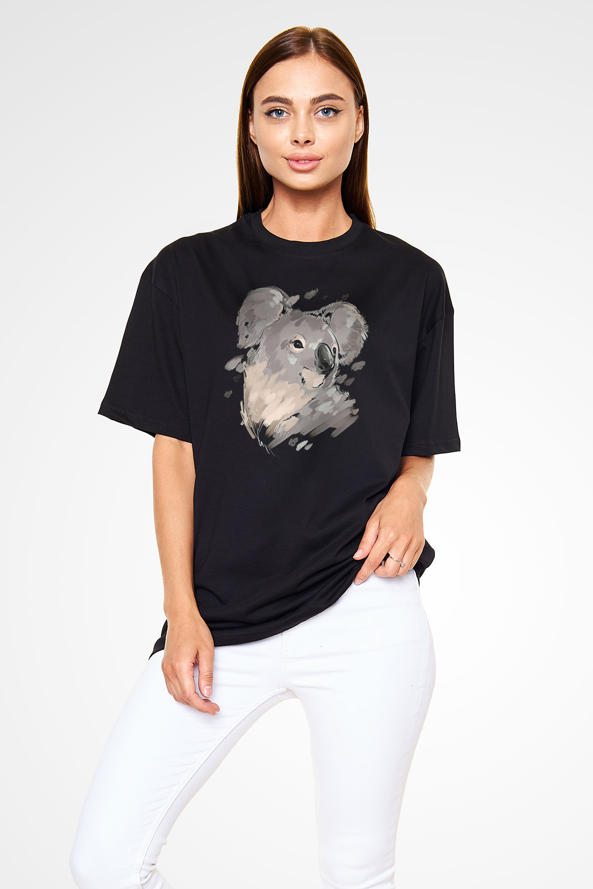 Koala Baskılı Unisex Siyah Oversize Tişört - Tshirt