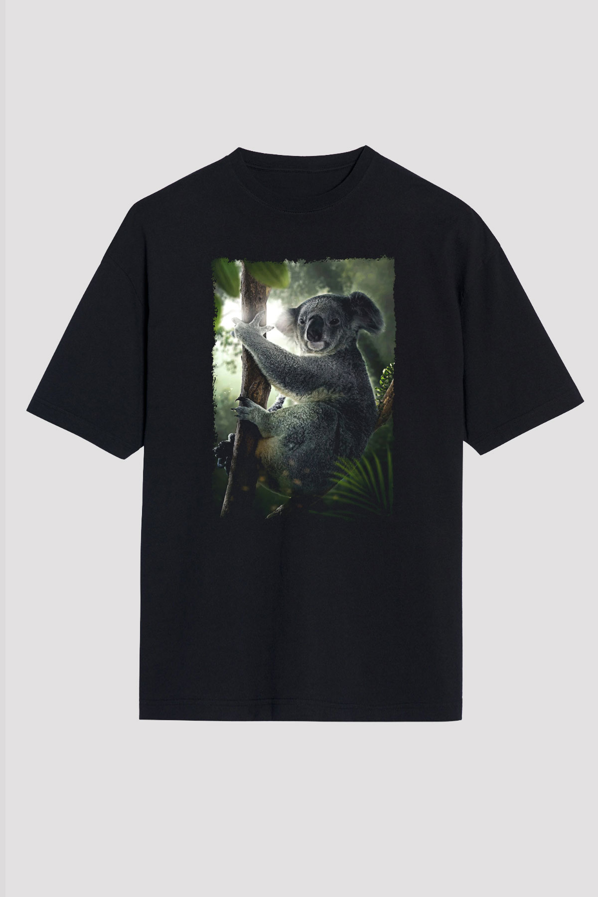 Koala Baskılı Unisex Siyah Oversize Tişört - Tshirt