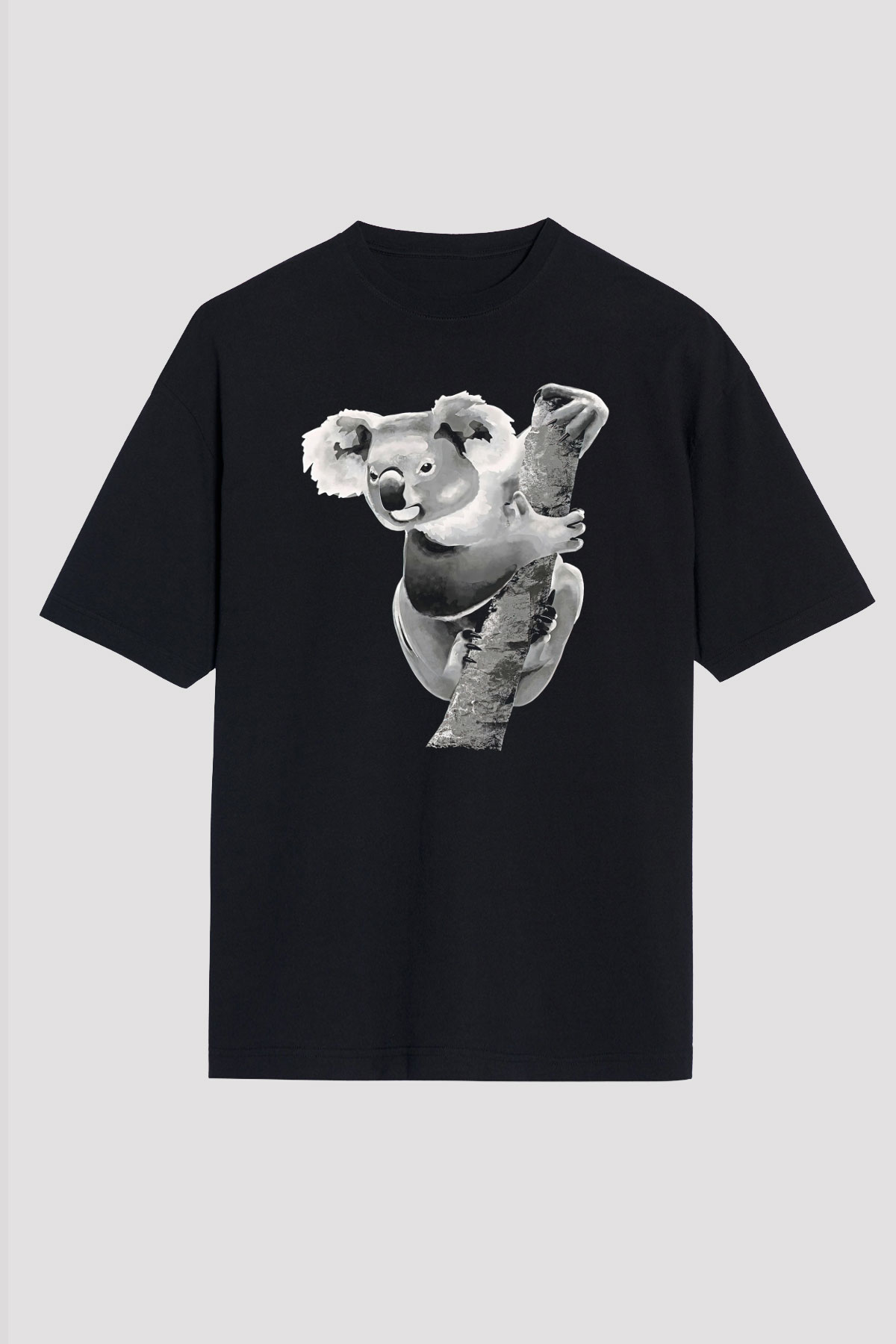Koala Baskılı Unisex Siyah Oversize Tişört - Tshirt