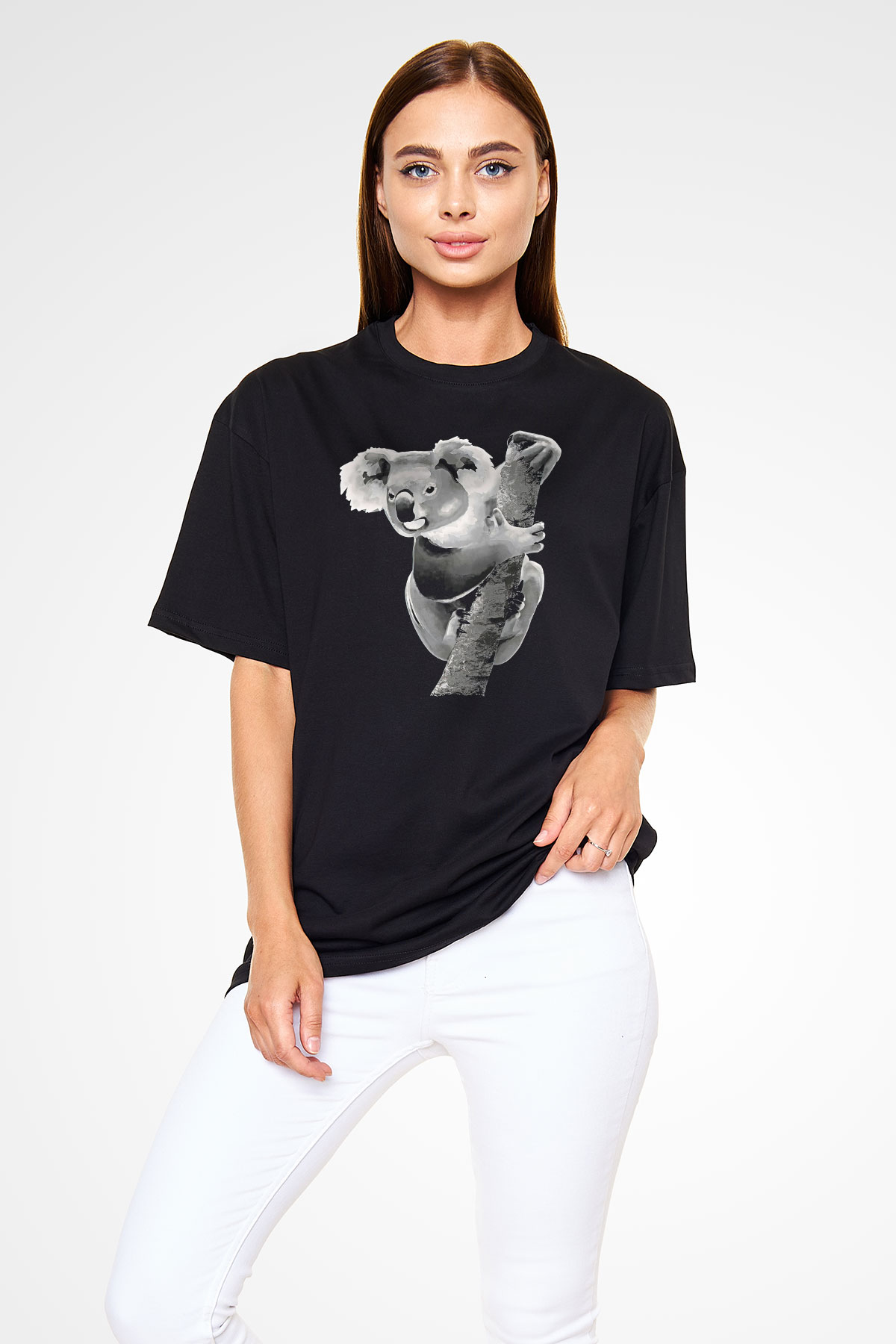Koala Baskılı Unisex Siyah Oversize Tişört - Tshirt