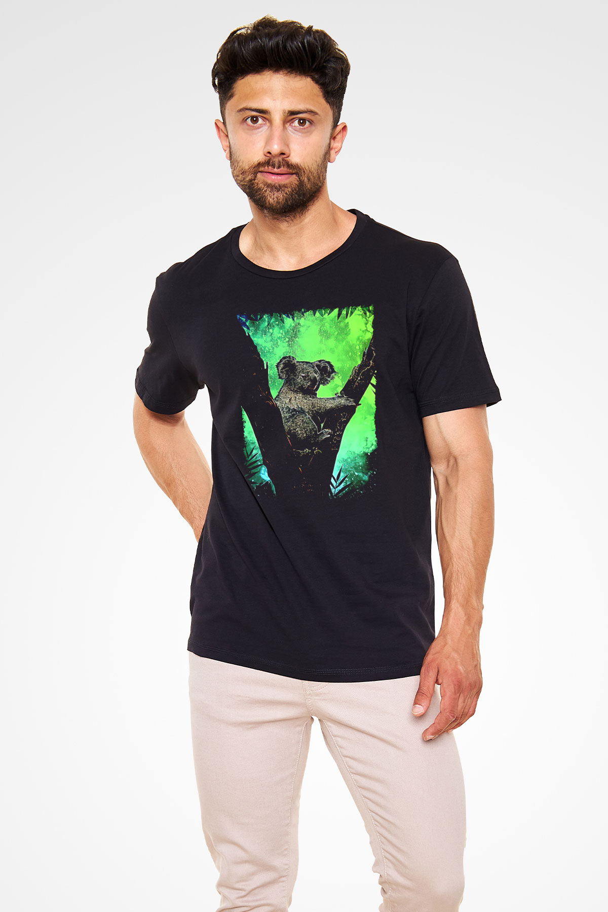 Koala Baskılı Unisex Siyah Tişört - Tshirt