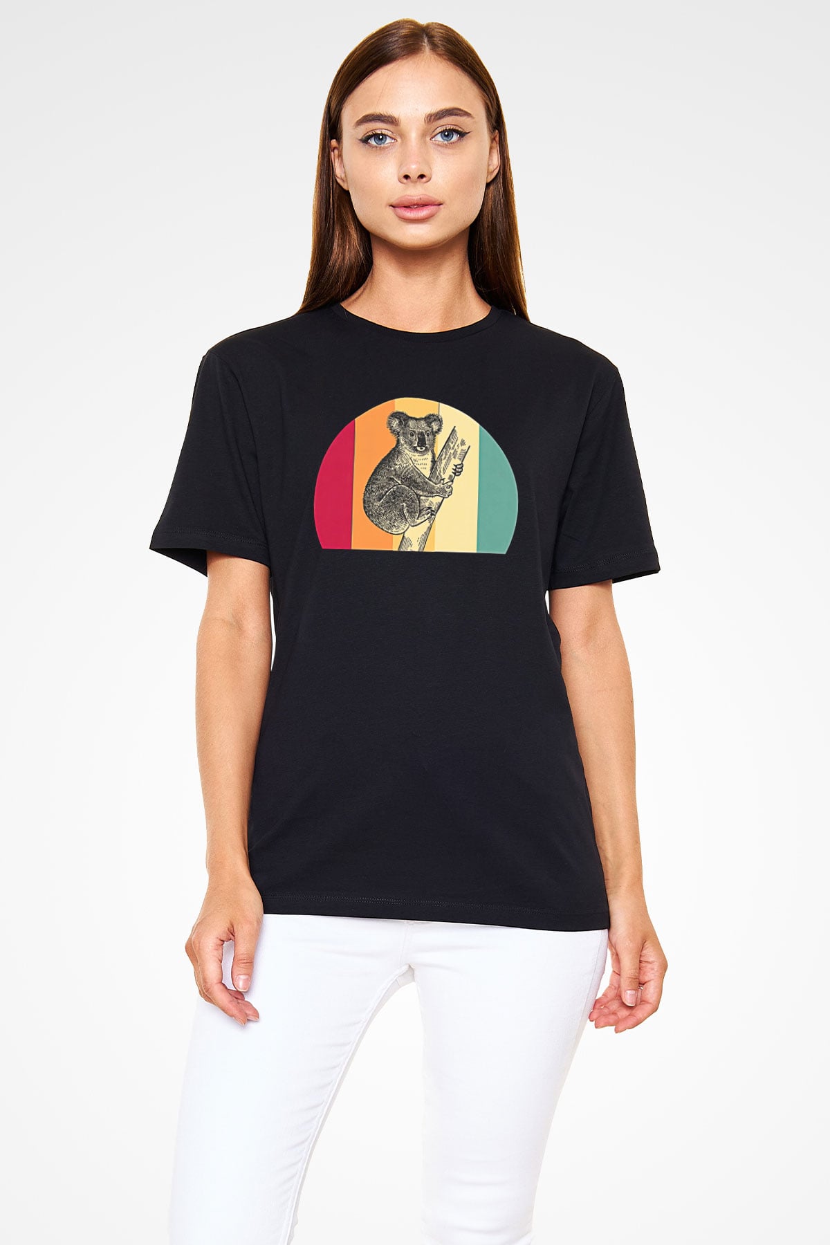 Koala Baskılı Unisex Siyah Tişört - Tshirt