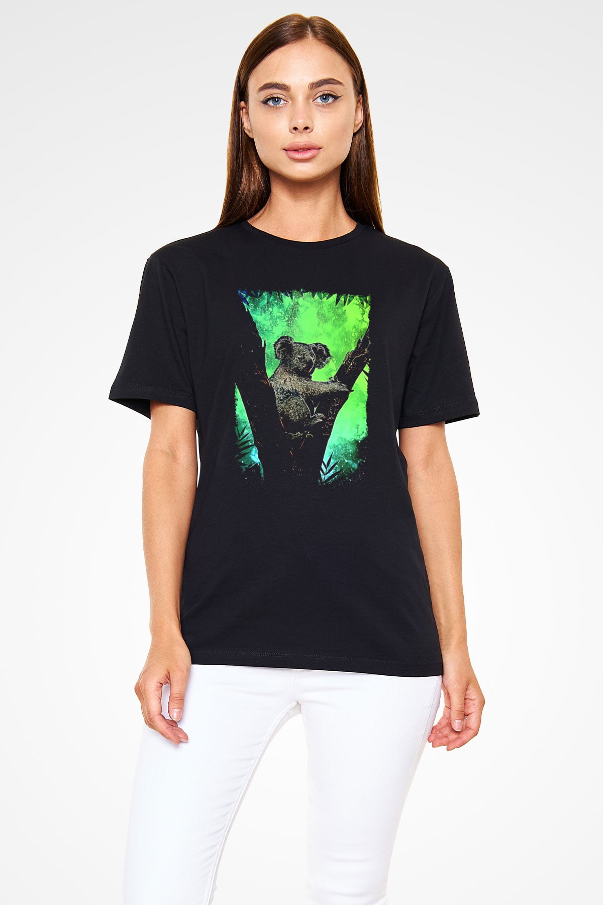 Koala Baskılı Unisex Siyah Tişört - Tshirt
