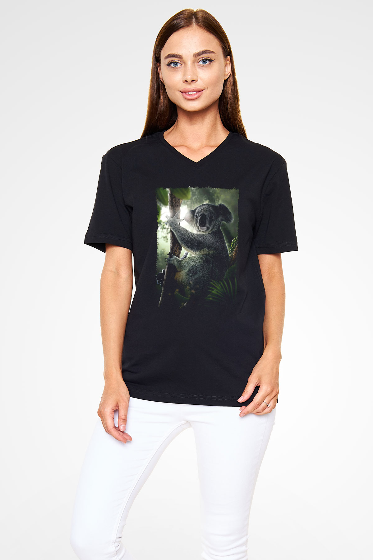 Koala Baskılı Unisex Siyah V Yaka Tişört - Tshirt