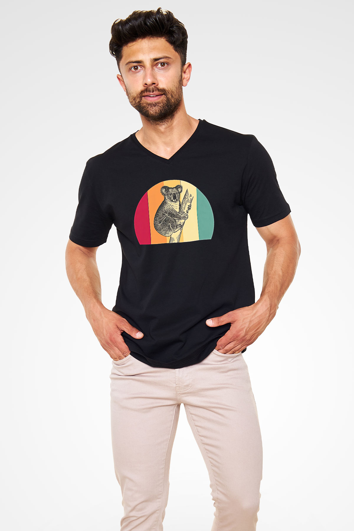 Koala Baskılı Unisex Siyah V Yaka Tişört - Tshirt