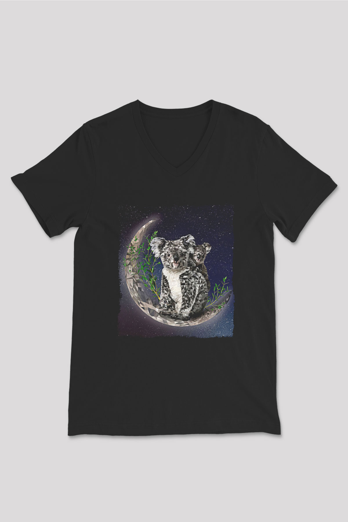 Koala Baskılı Unisex Siyah V Yaka Tişört - Tshirt