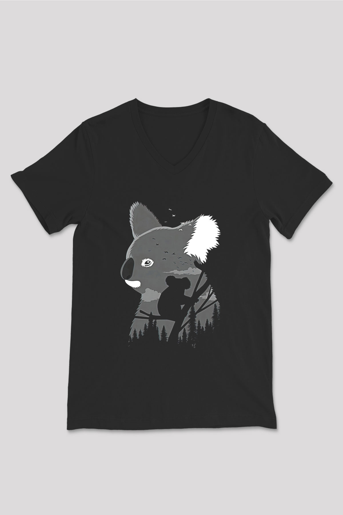 Koala Baskılı Unisex Siyah V Yaka Tişört - Tshirt