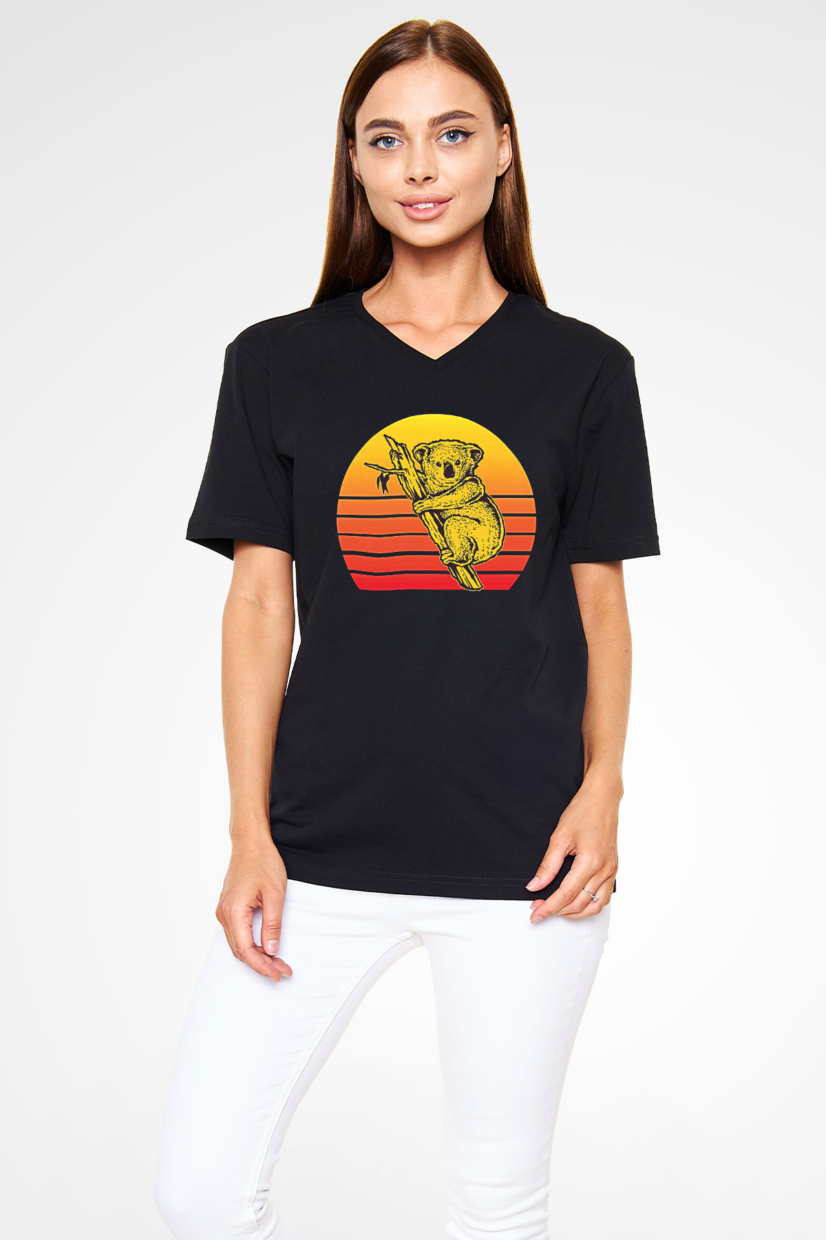 Koala Baskılı Unisex Siyah V Yaka Tişört - Tshirt