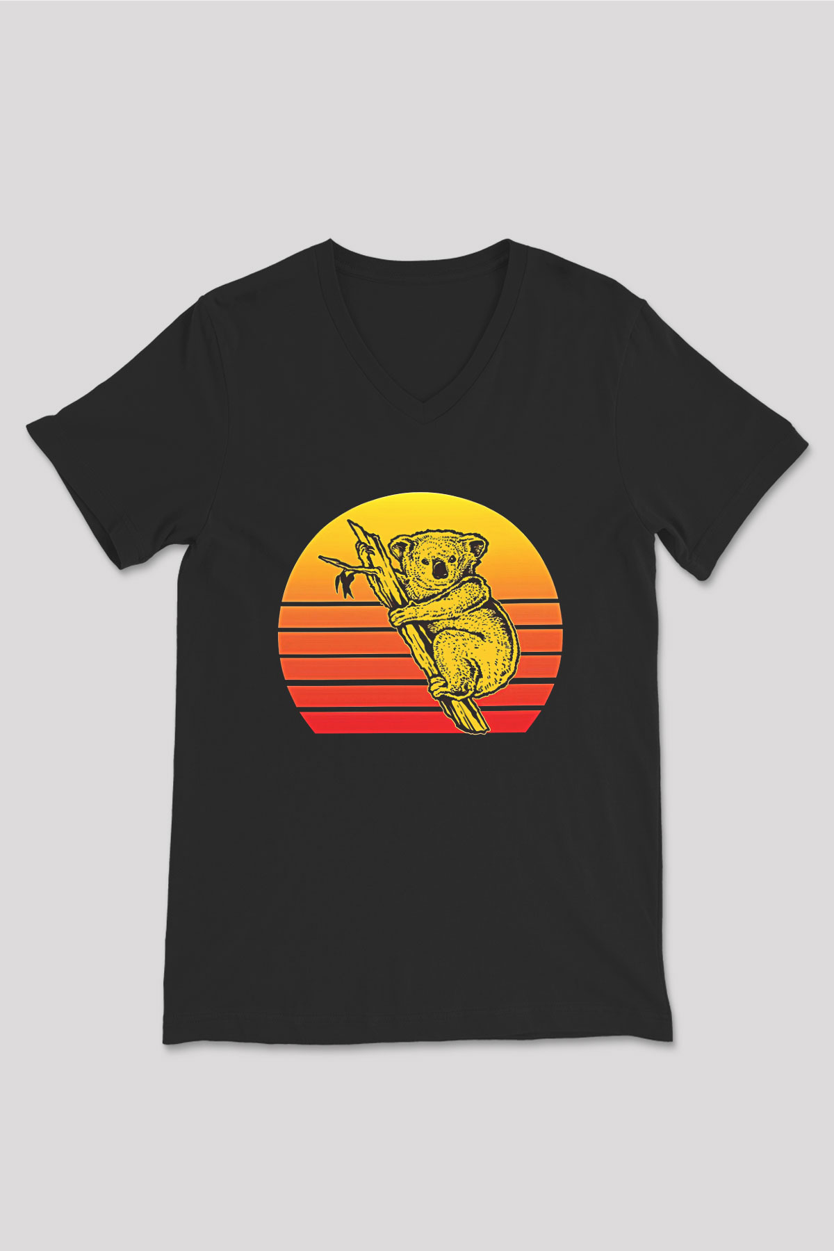Koala Baskılı Unisex Siyah V Yaka Tişört - Tshirt
