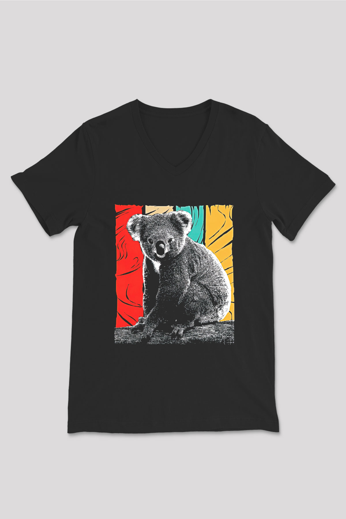 Koala Baskılı Unisex Siyah V Yaka Tişört - Tshirt