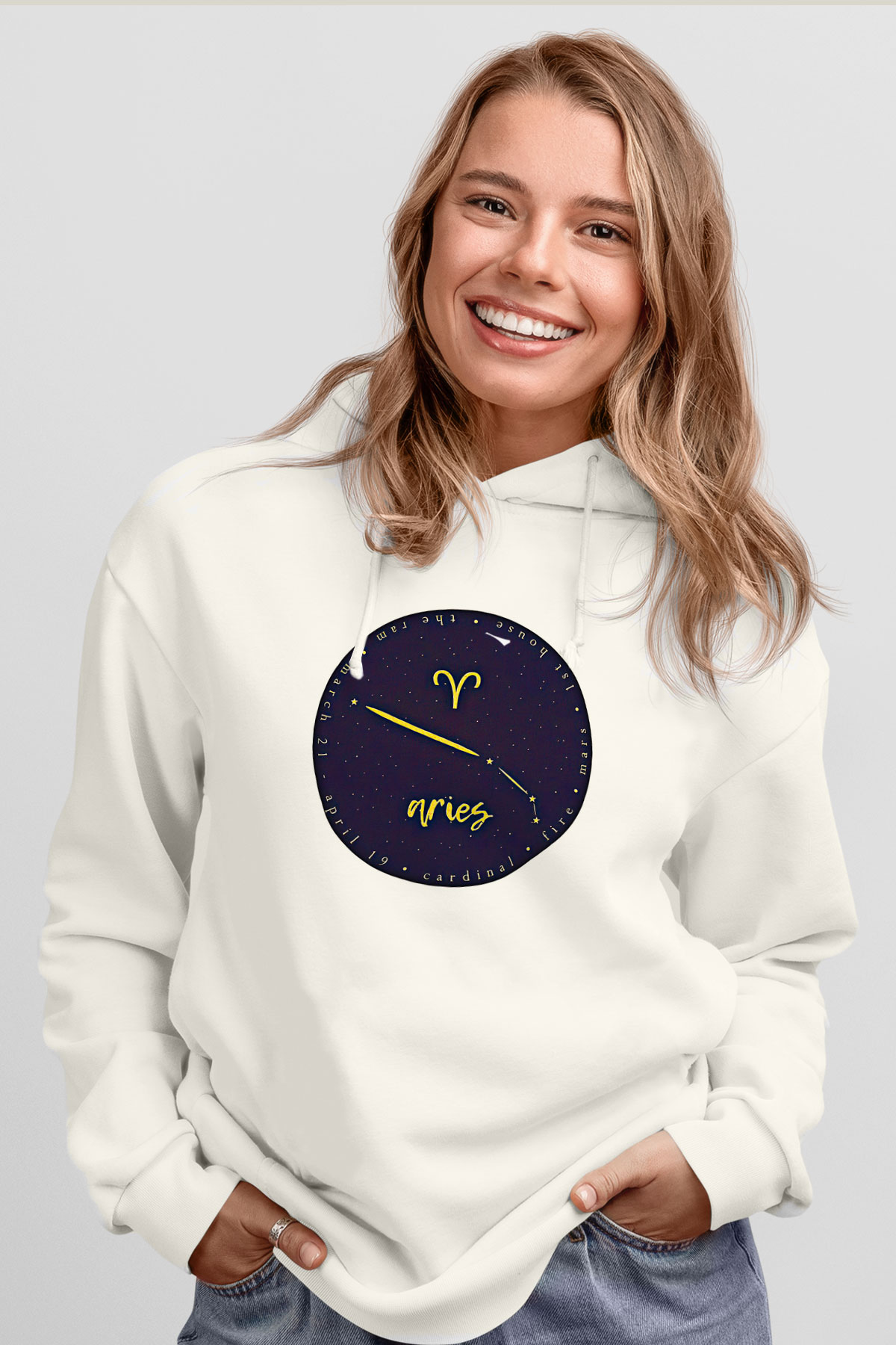 Koç Burcu Baskılı Beyaz Unisex Hoodie