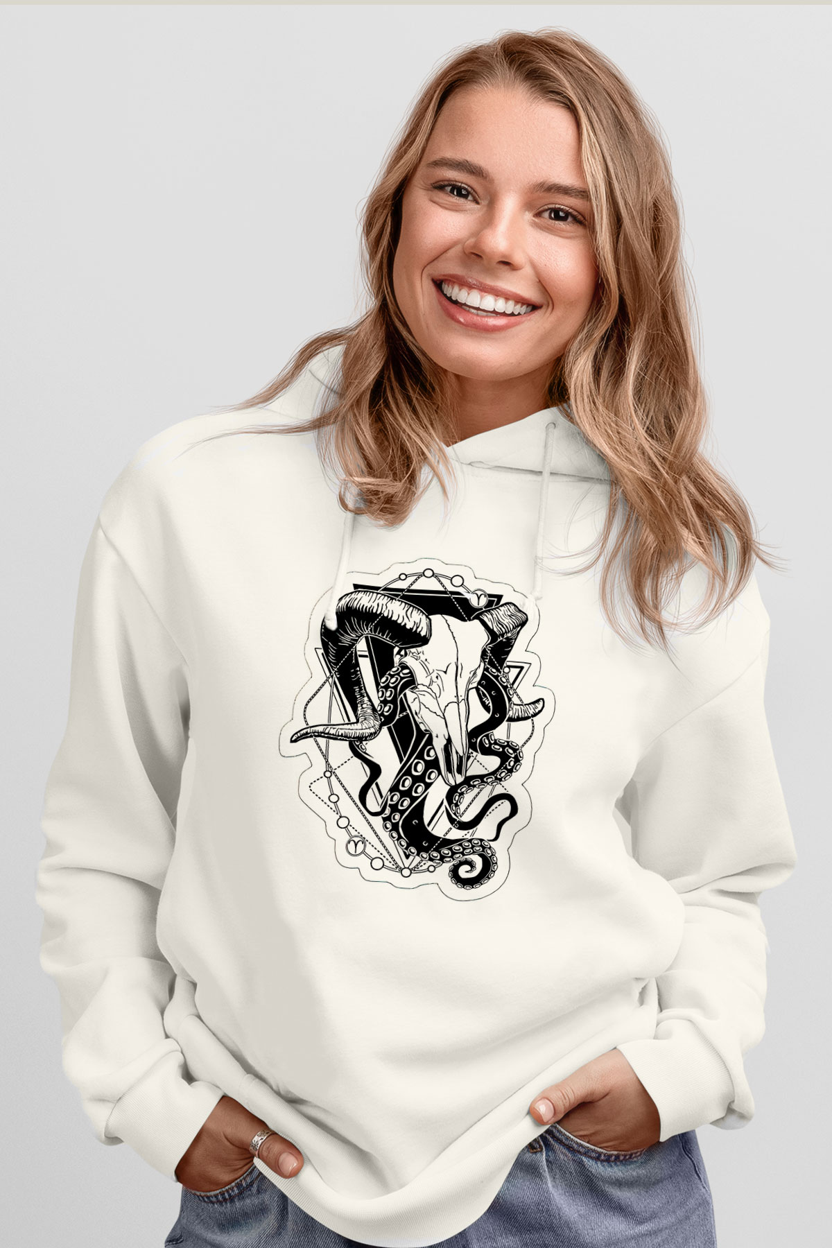 Koç Burcu Baskılı Beyaz Unisex Hoodie