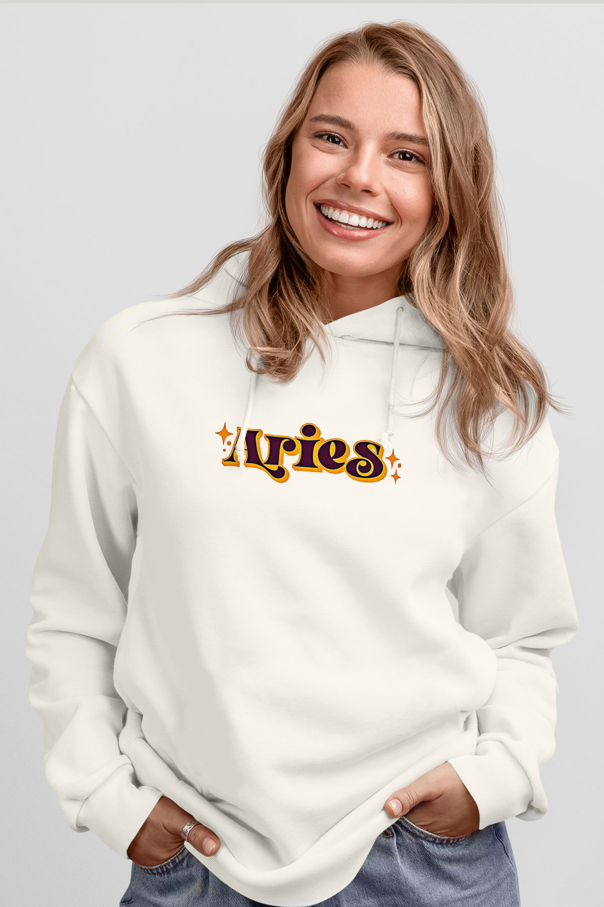 Koç Burcu Baskılı Beyaz Unisex Hoodie