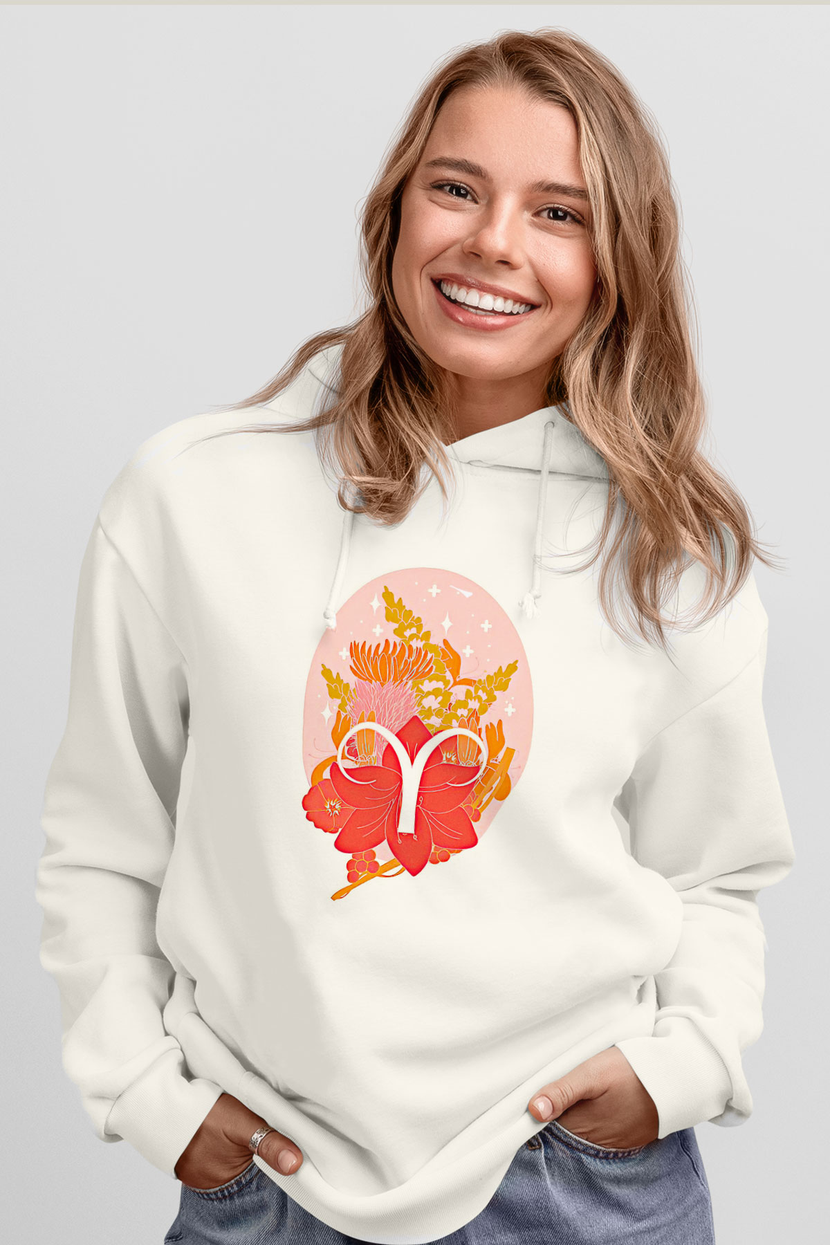 Koç Burcu Baskılı Beyaz Unisex Hoodie