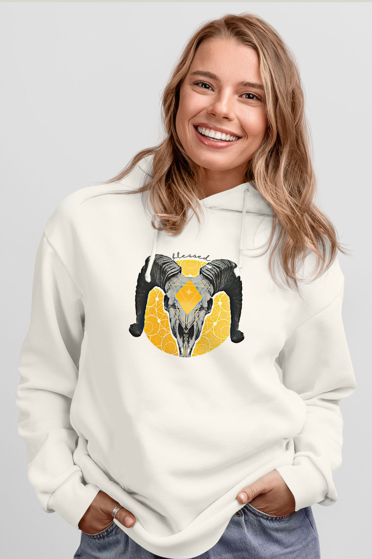 Koç Burcu Baskılı Beyaz Unisex Hoodie