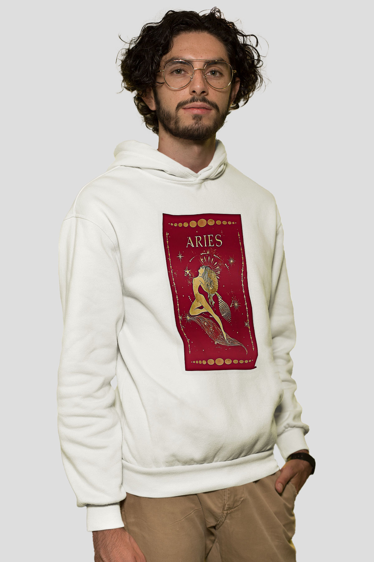 Koç Burcu Baskılı Beyaz Unisex Hoodie
