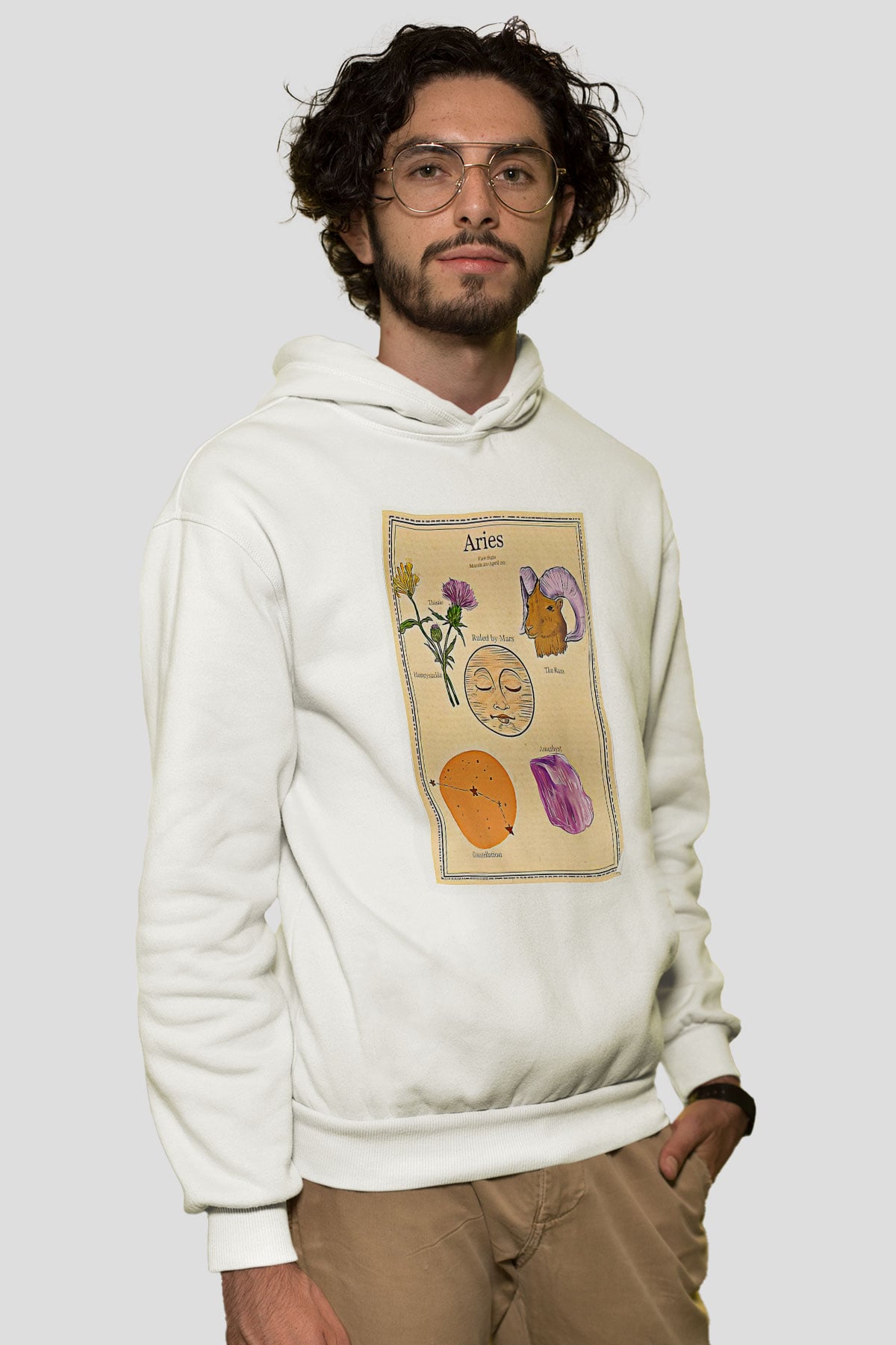 Koç Burcu Baskılı Beyaz Unisex Hoodie