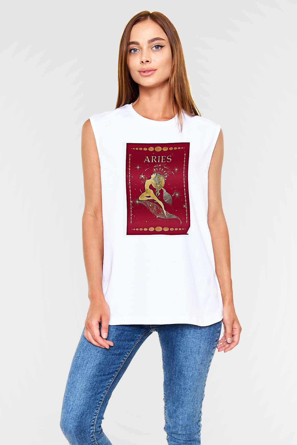 Koç Burcu Baskılı Beyaz Unisex Kolsuz Tişört - Tshirt