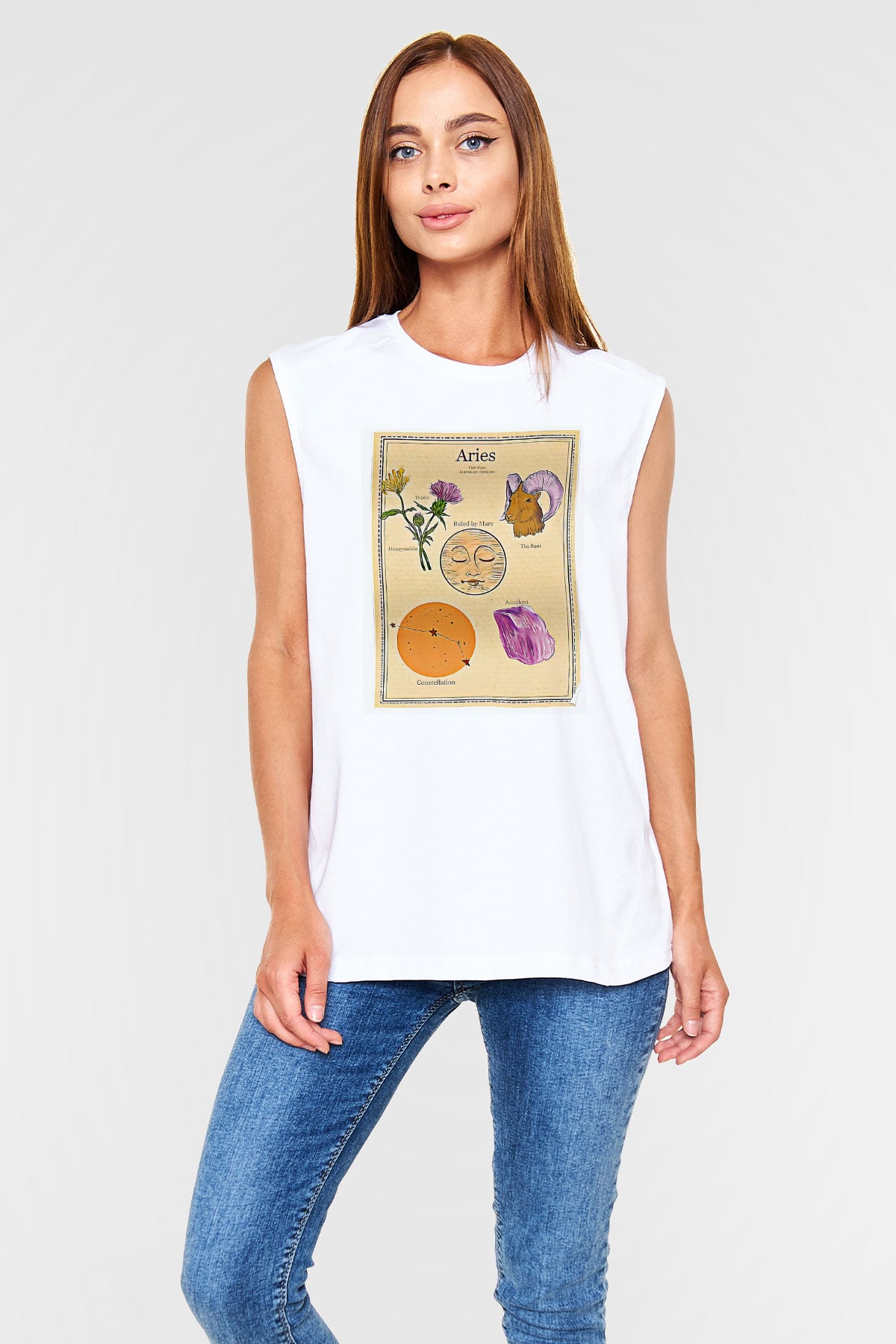 Koç Burcu Baskılı Beyaz Unisex Kolsuz Tişört - Tshirt