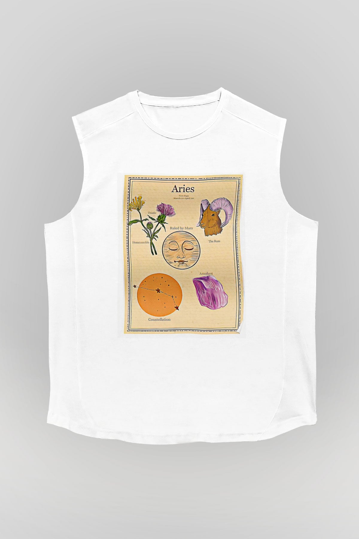 Koç Burcu Baskılı Beyaz Unisex Kolsuz Tişört - Tshirt
