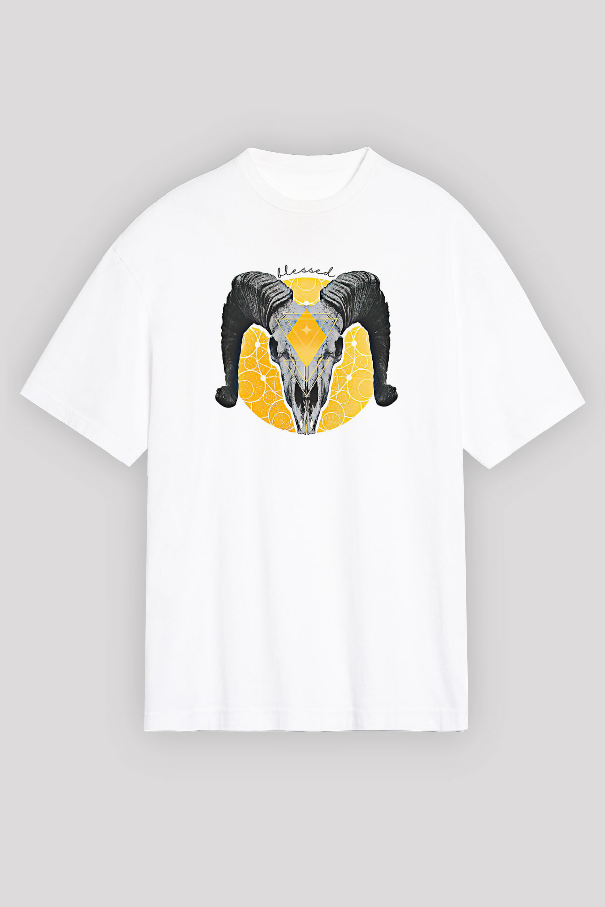 Koç Burcu Baskılı Beyaz Unisex Oversize Tişört - Tshirt