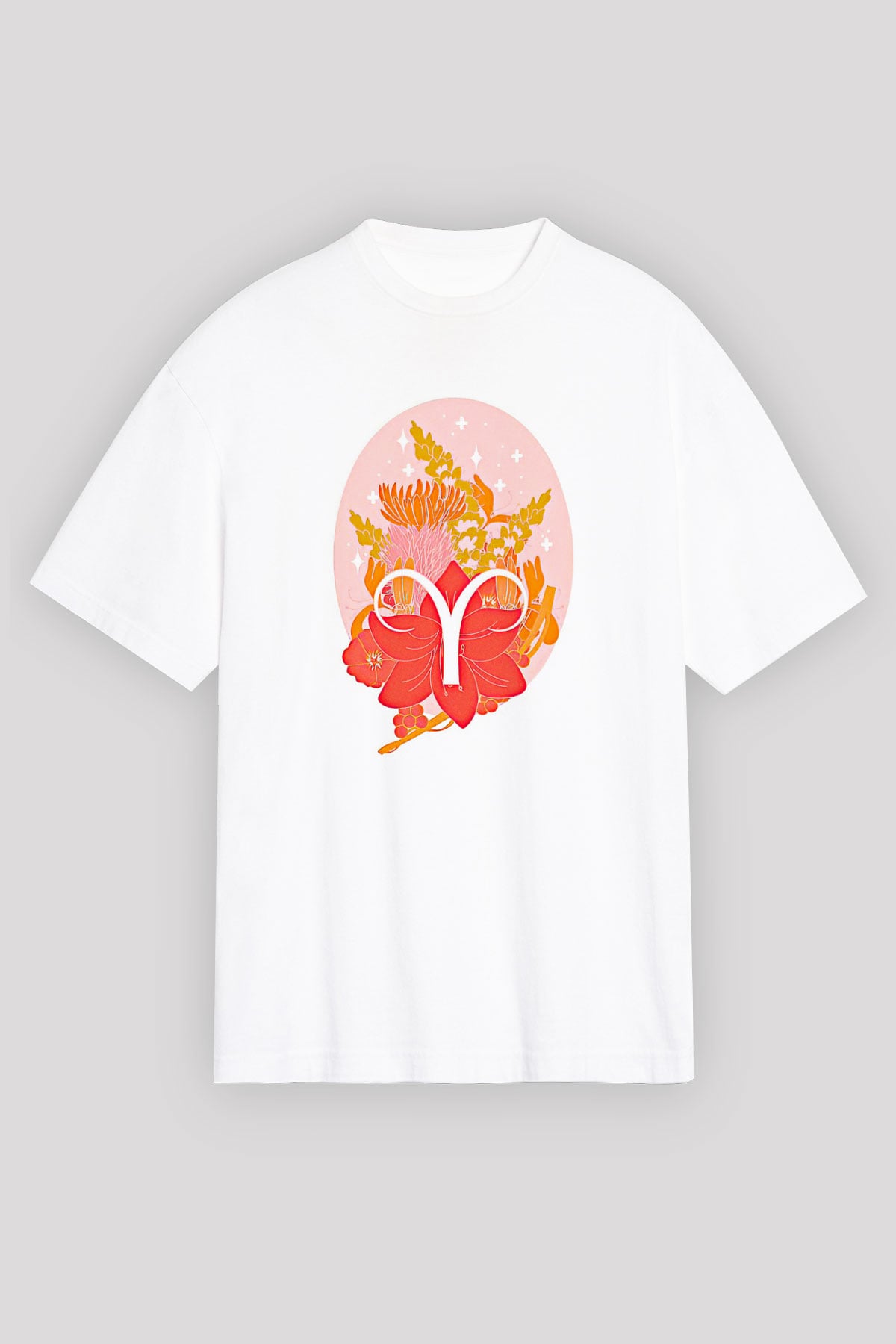 Koç Burcu Baskılı Beyaz Unisex Oversize Tişört - Tshirt