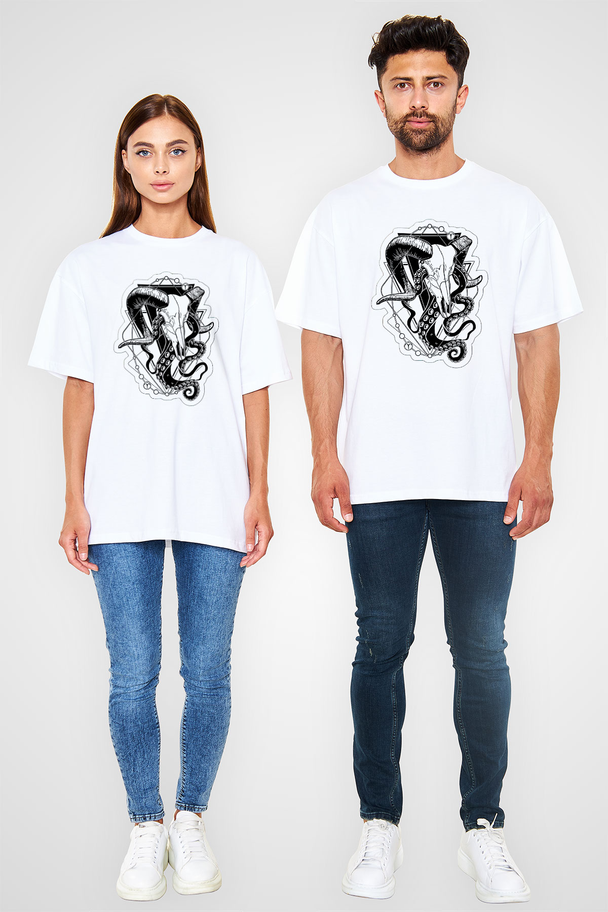 Koç Burcu Baskılı Beyaz Unisex Oversize Tişört - Tshirt