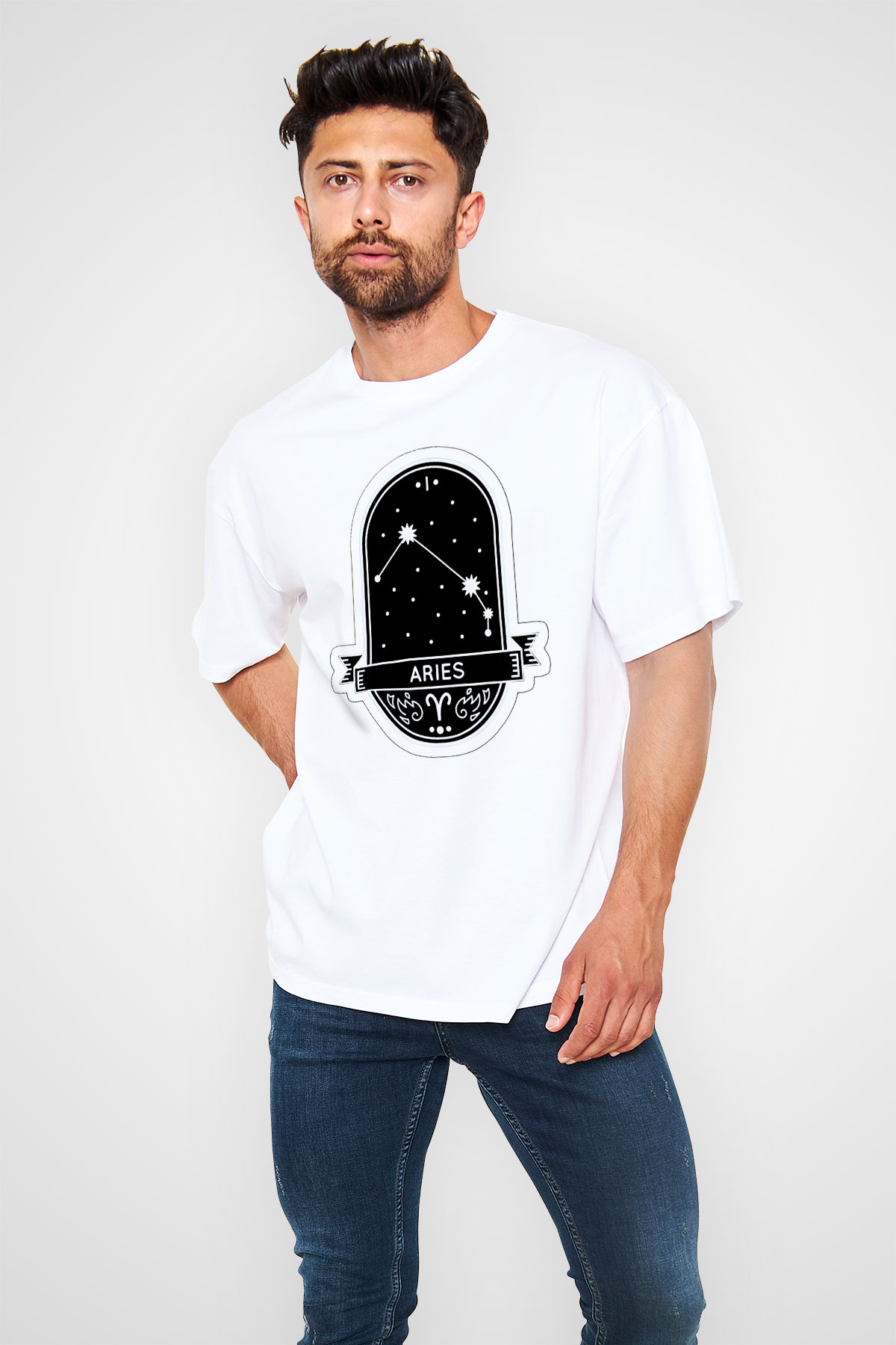Koç Burcu Baskılı Beyaz Unisex Oversize Tişört - Tshirt