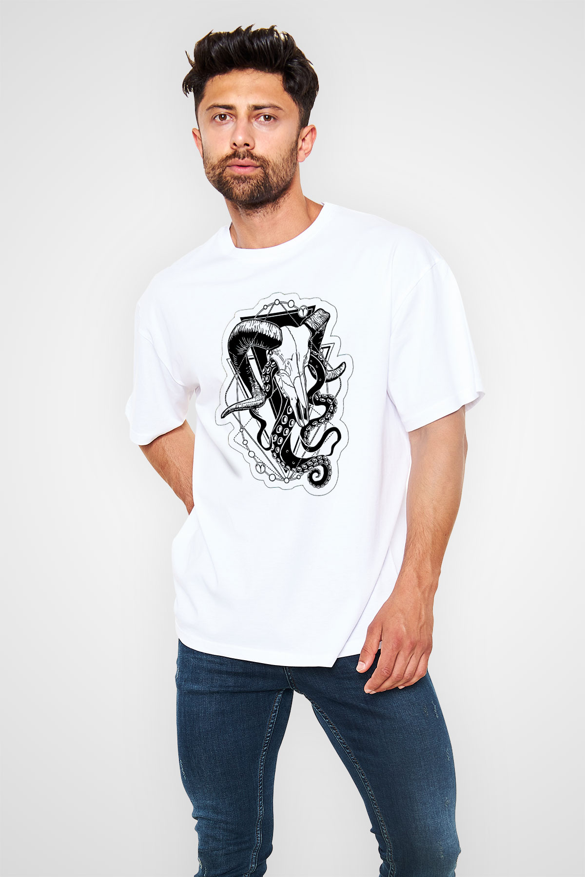 Koç Burcu Baskılı Beyaz Unisex Oversize Tişört - Tshirt