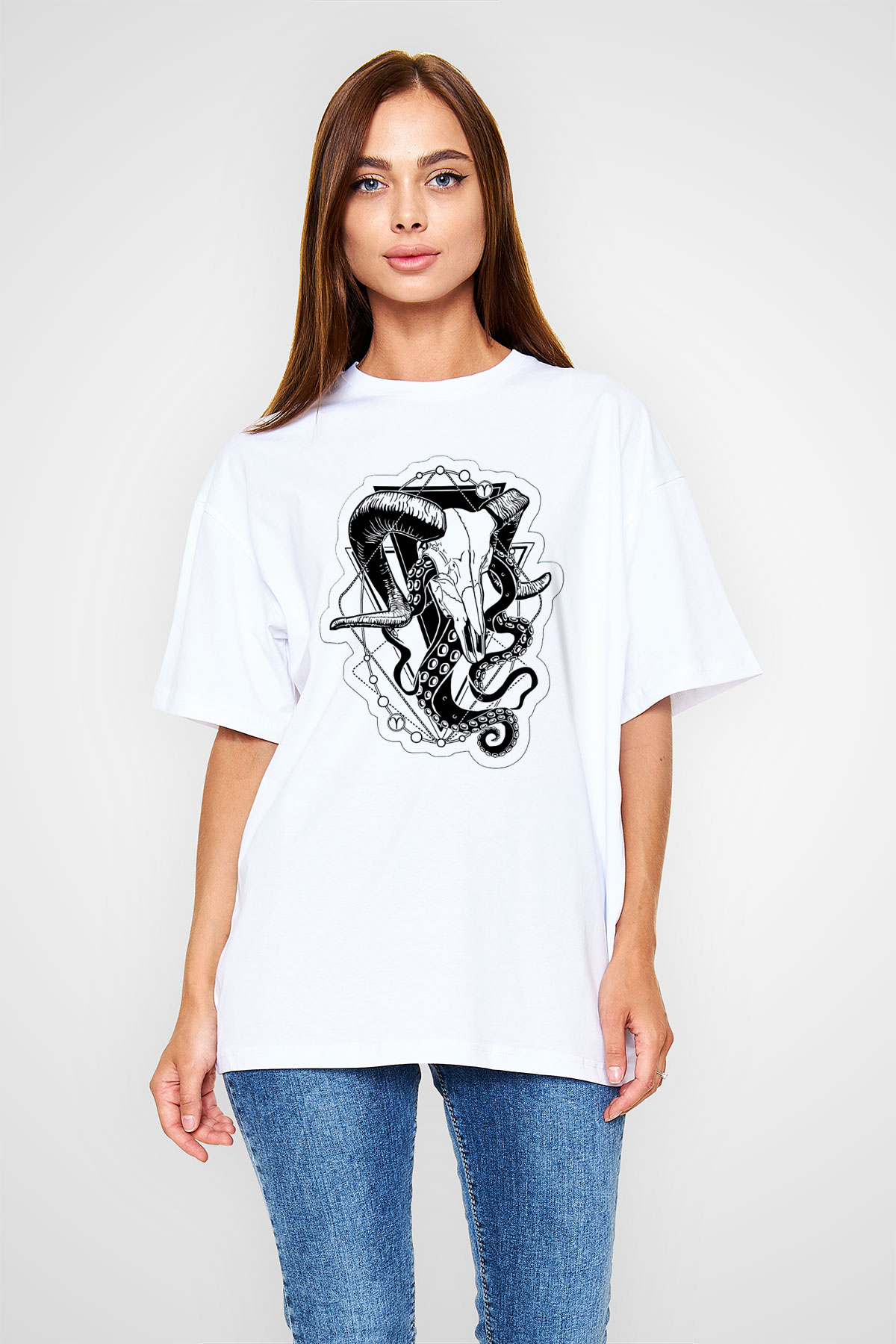 Koç Burcu Baskılı Beyaz Unisex Oversize Tişört - Tshirt