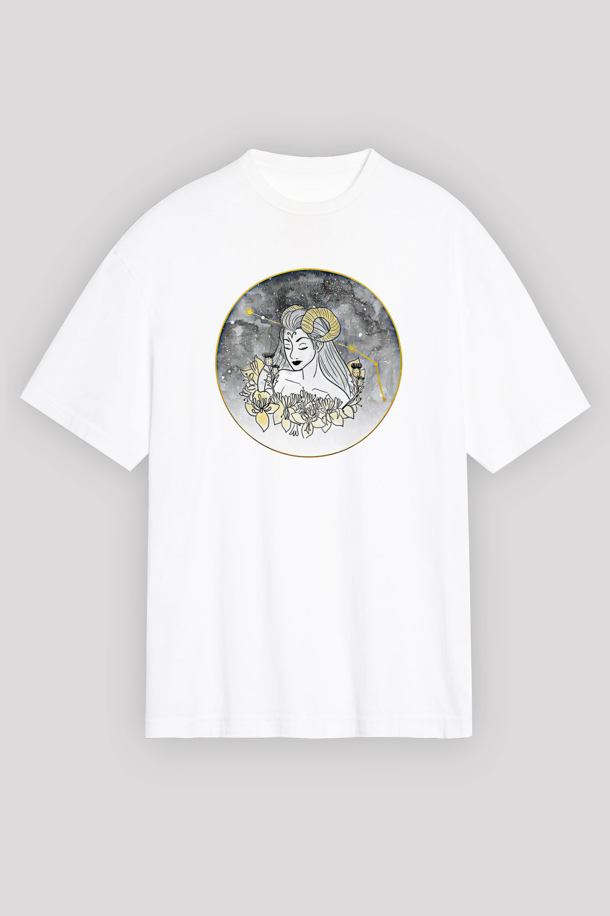 Koç Burcu Baskılı Beyaz Unisex Oversize Tişört - Tshirt