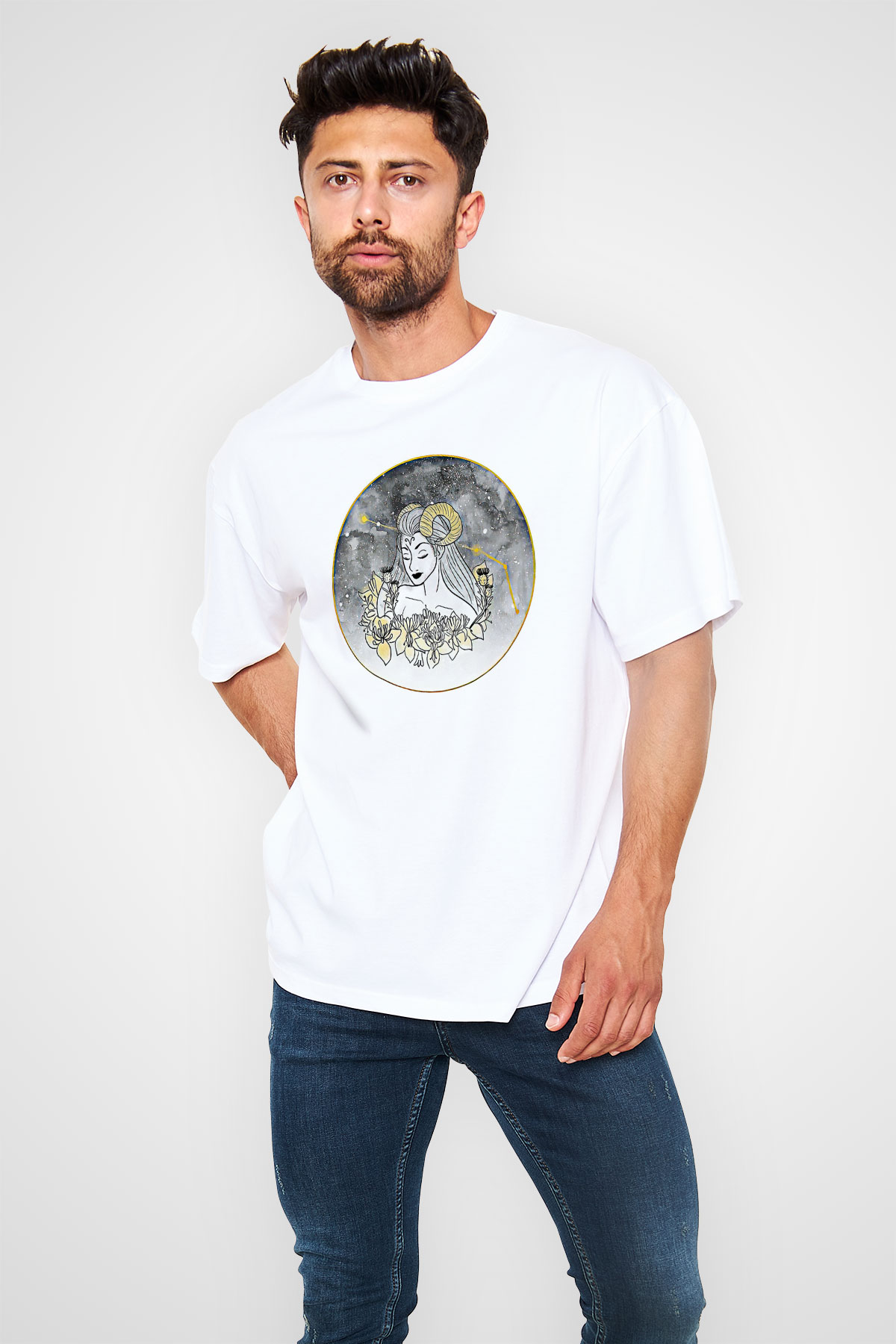 Koç Burcu Baskılı Beyaz Unisex Oversize Tişört - Tshirt