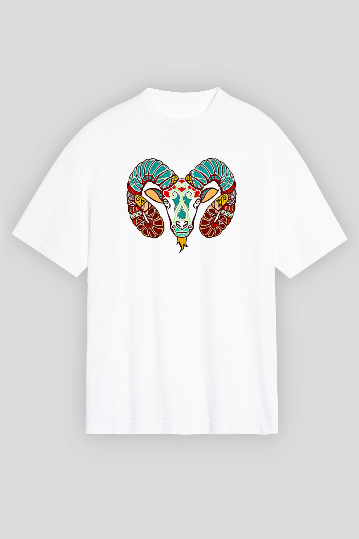 Koç Burcu Baskılı Beyaz Unisex Oversize Tişört - Tshirt