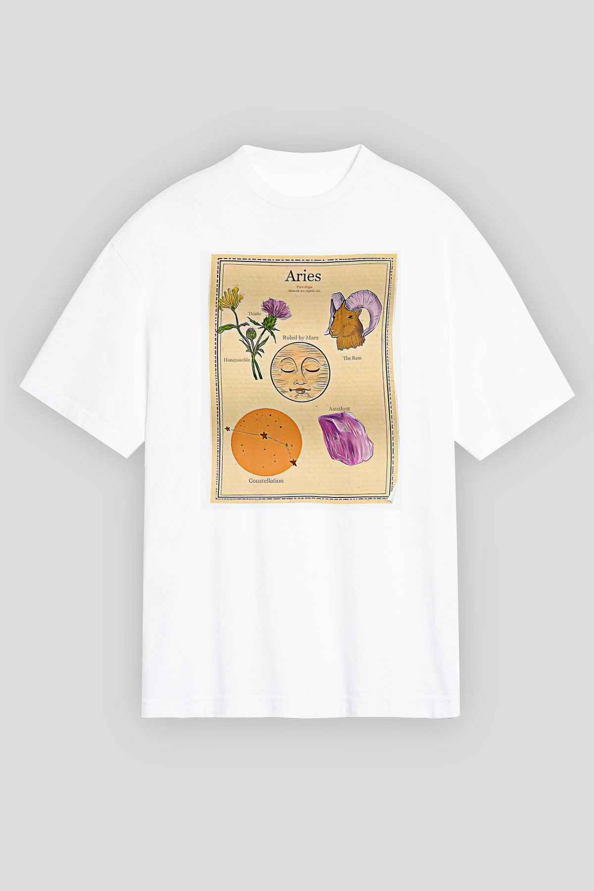 Koç Burcu Baskılı Beyaz Unisex Oversize Tişört - Tshirt