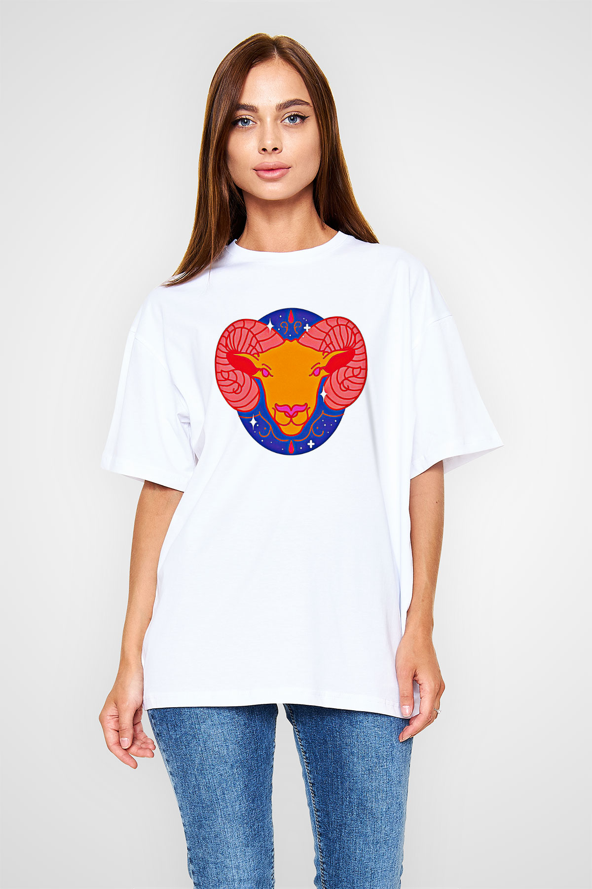 Koç Burcu Baskılı Beyaz Unisex Oversize Tişört - Tshirt